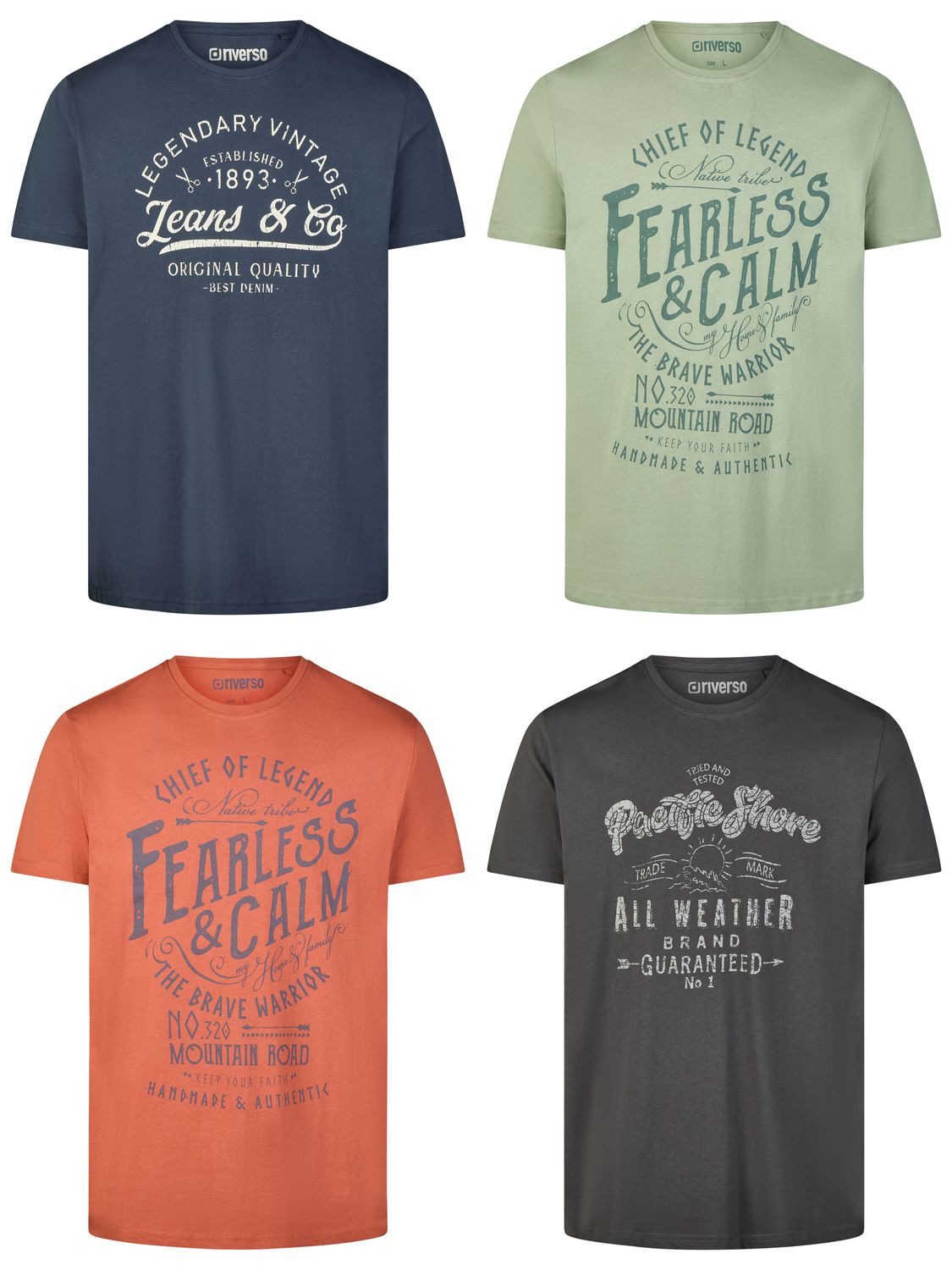 riverso T-Shirt Herren Printshirt RIVLeon Regular Fit (4-tlg) Kurzarm Tee Shirt mit Rundhalsausschnitt aus 100% Baumwolle