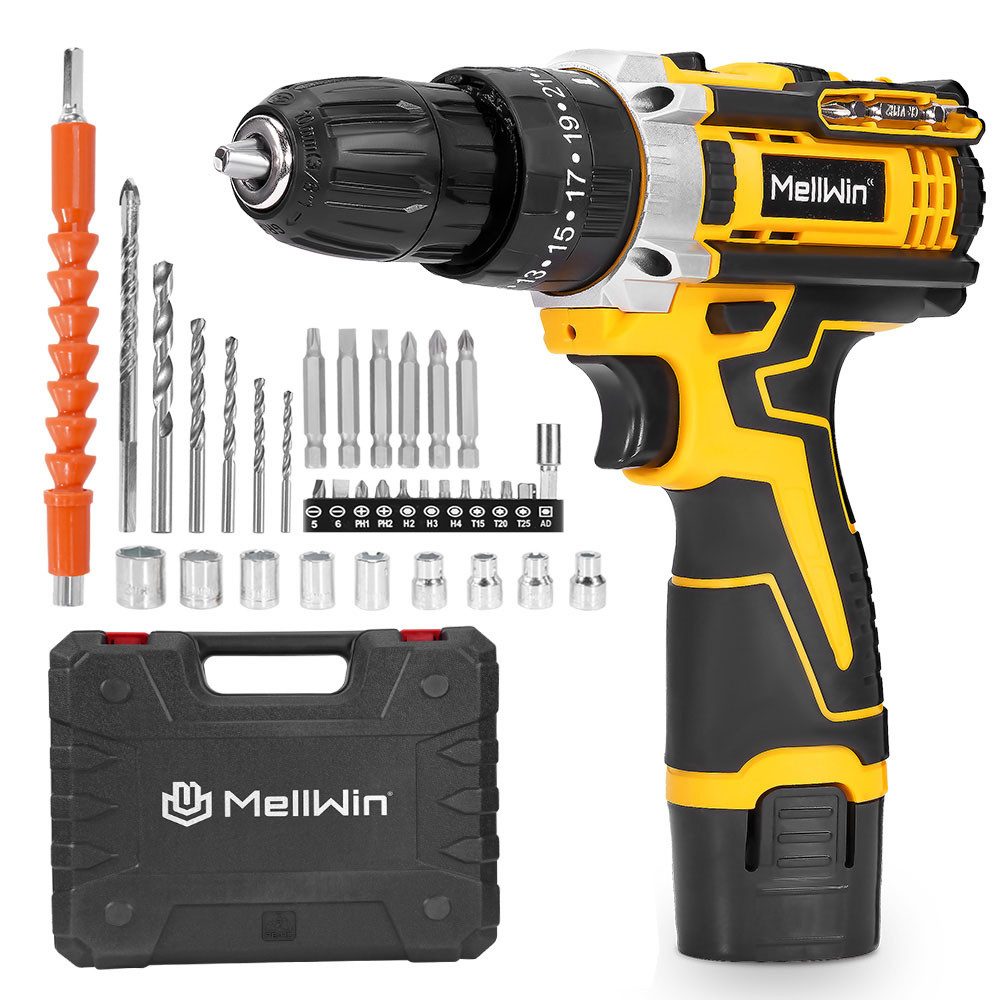 MELLWIN Akku-Bohrschrauber Set 38Nm mit Akkus, 25+3 Drehmomentstufen, max. 1400 U/min, 10mm Bohrfutter, Für Reparatur & DIY