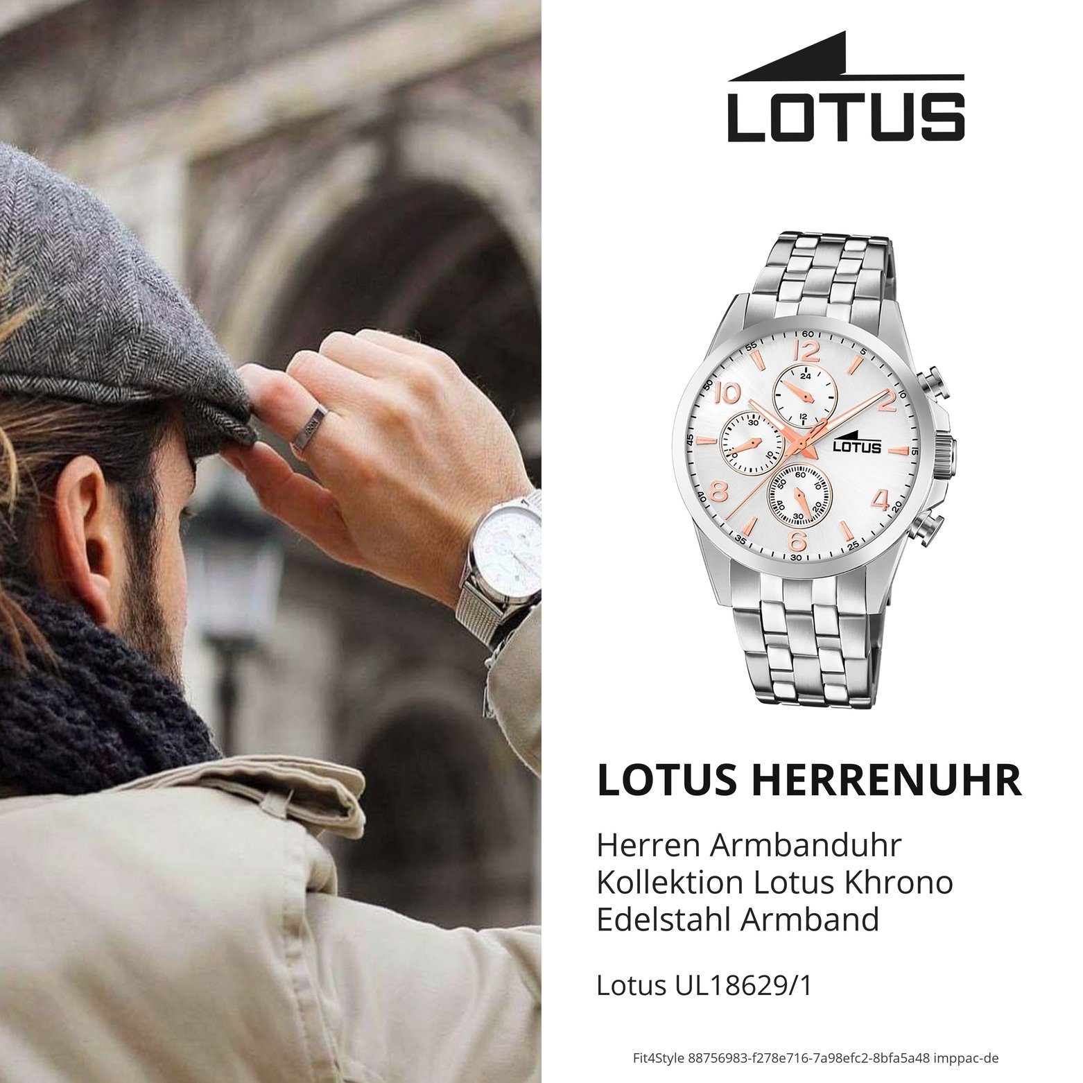 Lotus Chronograph LOTUS Herren Edelstahlarmband 18629/1 Herren (ca. rund, Sport Armbanduhr Edelstahl, Uhr 41mm), groß silber