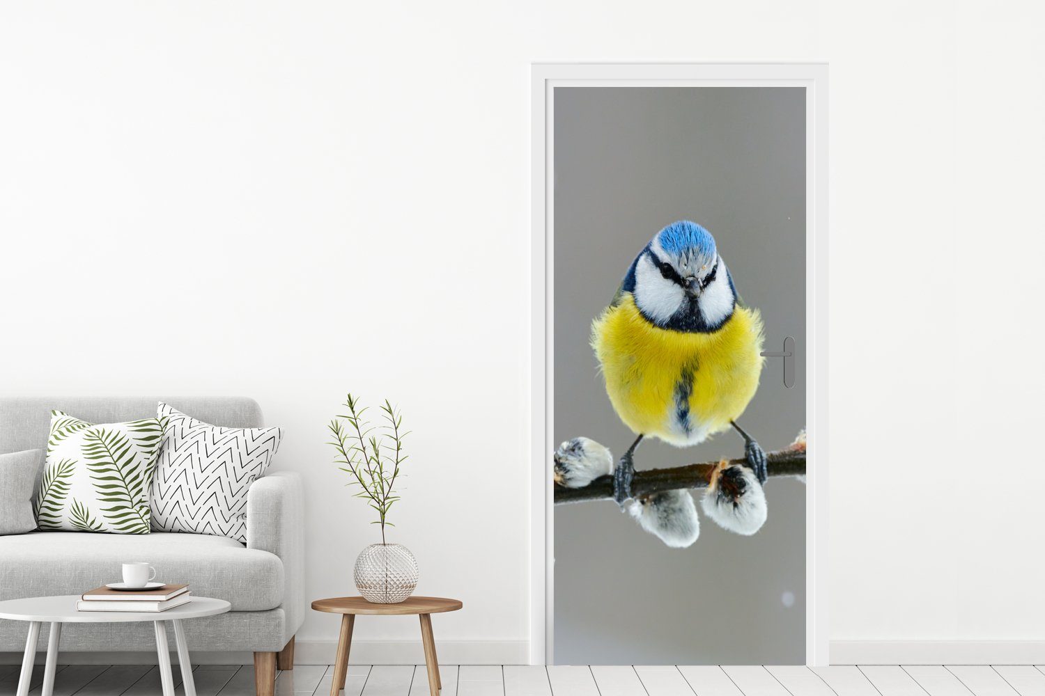 bedruckt, Blaumeise Tür, Vogel MuchoWow Blau, für Matt, (1 Türtapete - - cm - Fototapete Gelb Türaufkleber, St), 75x205 Zweig -