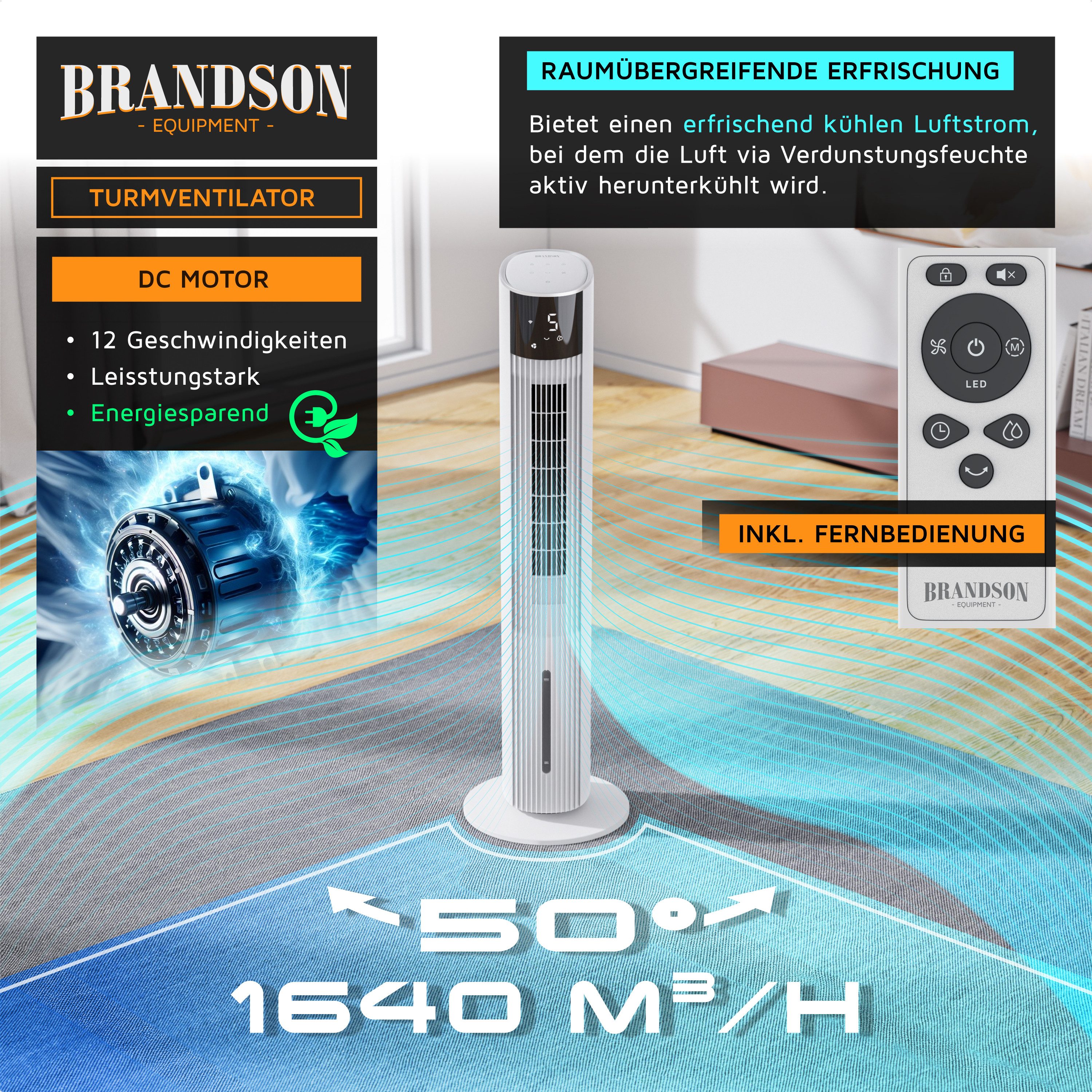 Brandson Ventilatorkombigerät 3,5L Wassertank, mobiler Luftkühler mit Wasserkühlung, Klimagerät, 60W, WIFI Luftbefeuchter, Verdunstungskühler, ECO DC-Motor, Turmventilator