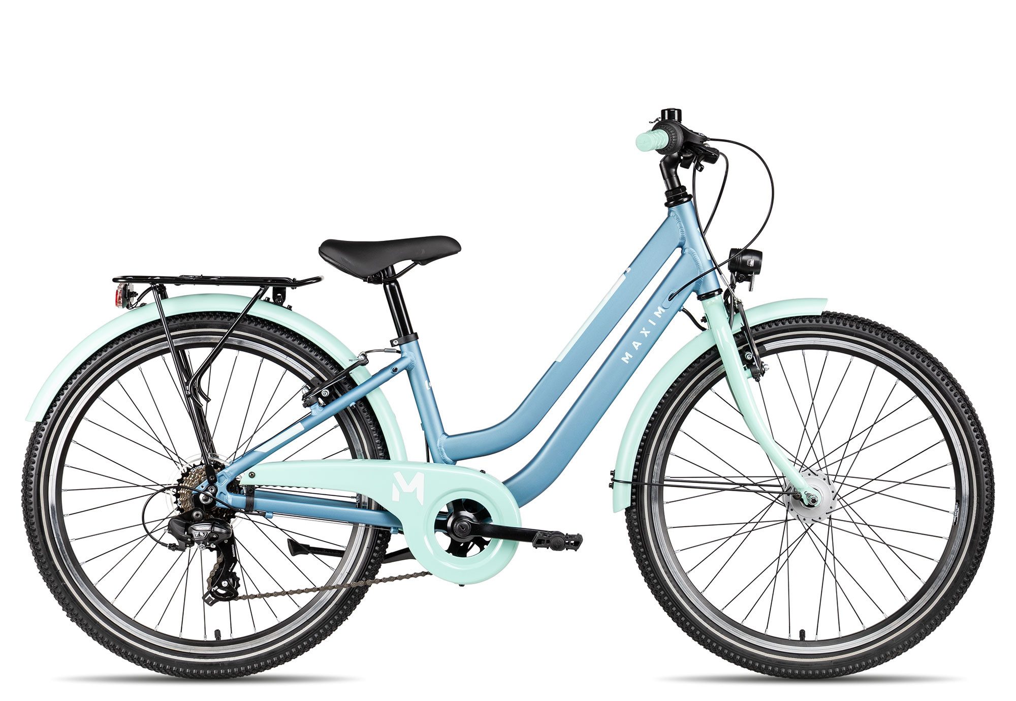 Maxim Kinderfahrrad Luna 24-7, 7 Gang Shimano Tourney RD-TY300 Schaltwerk, Kettenschaltung, Straßenausstattung blau