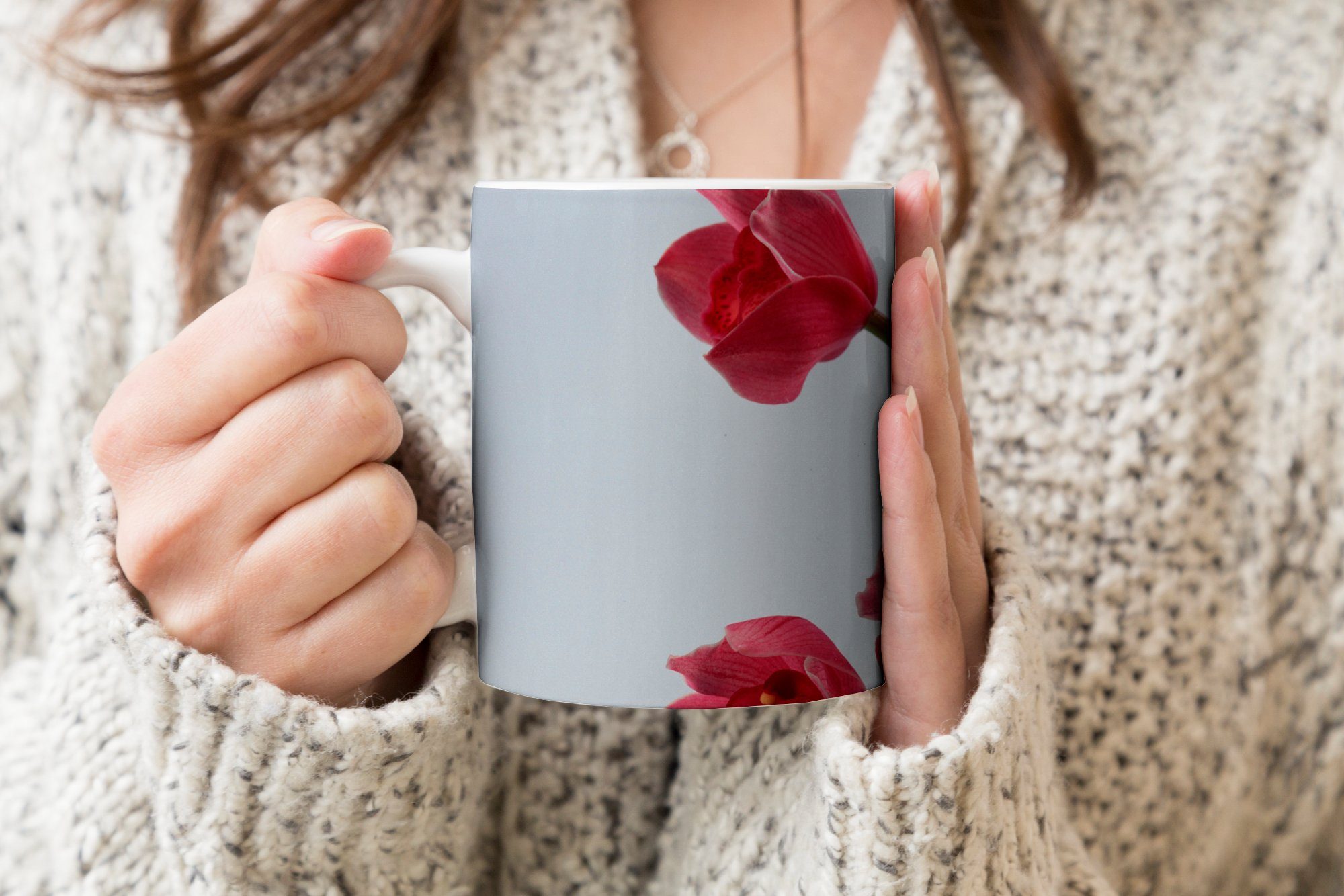 MuchoWow Tasse Rote Orchideen Kaffeetassen, Geschenk Keramik, Teetasse, hellen für Becher, Teetasse, Hintergrund, einen