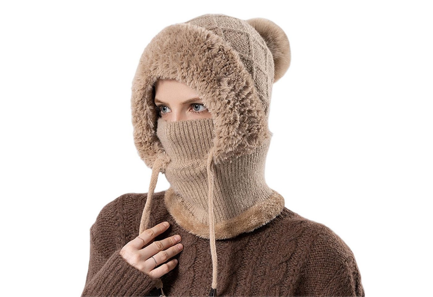 Autrucker Strickmütze Strickmütze Winter Damen Halswärmer Balaclava Einheitsgröße 3-in-1 Wintermütze mit Gesichtsmaske, Schal & Ohrenwärmer
