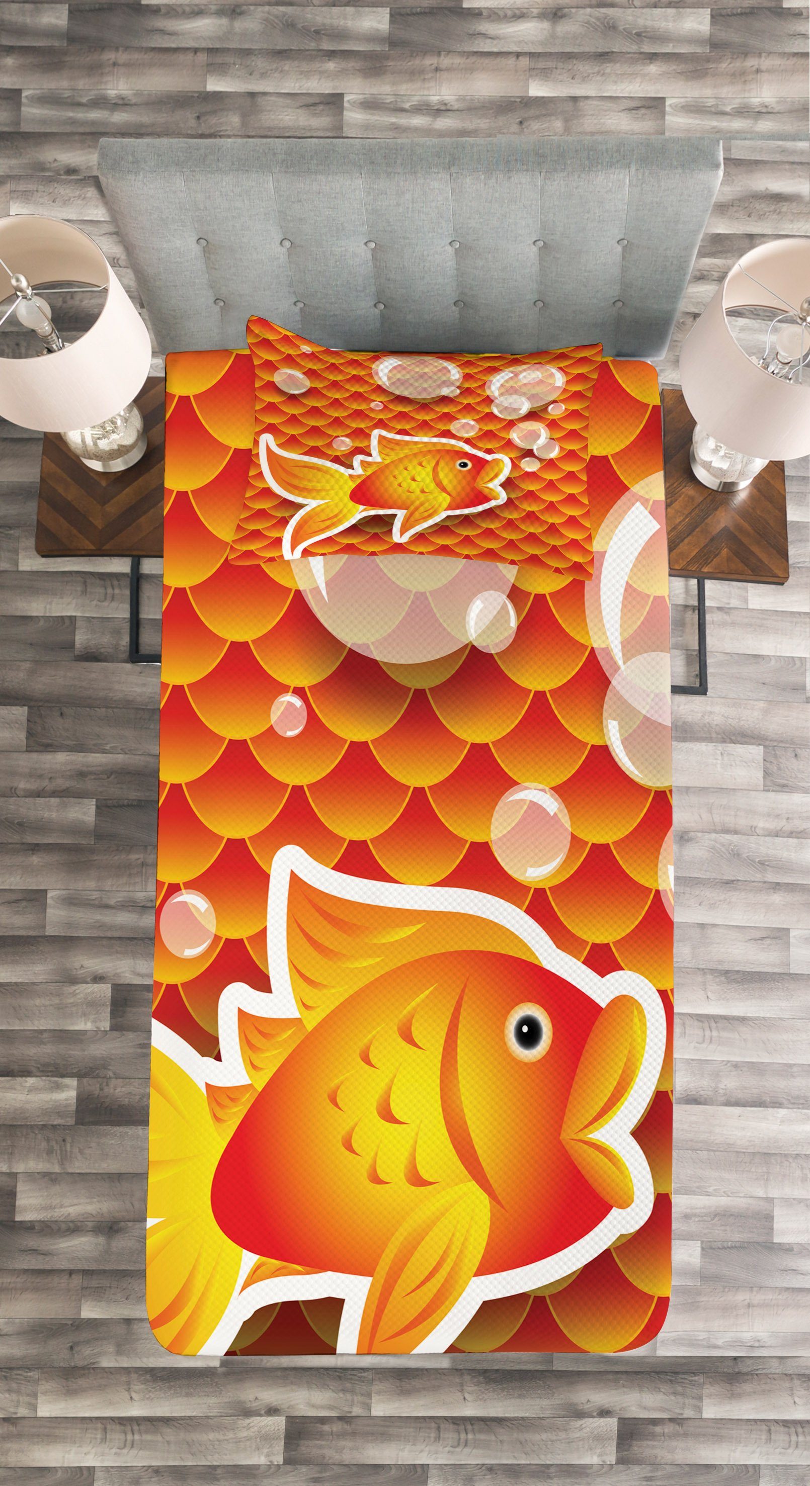 Tagesdecke Set mit Goldfish Cartoon Blase Kissenbezügen Waschbar, Abakuhaus, Orange