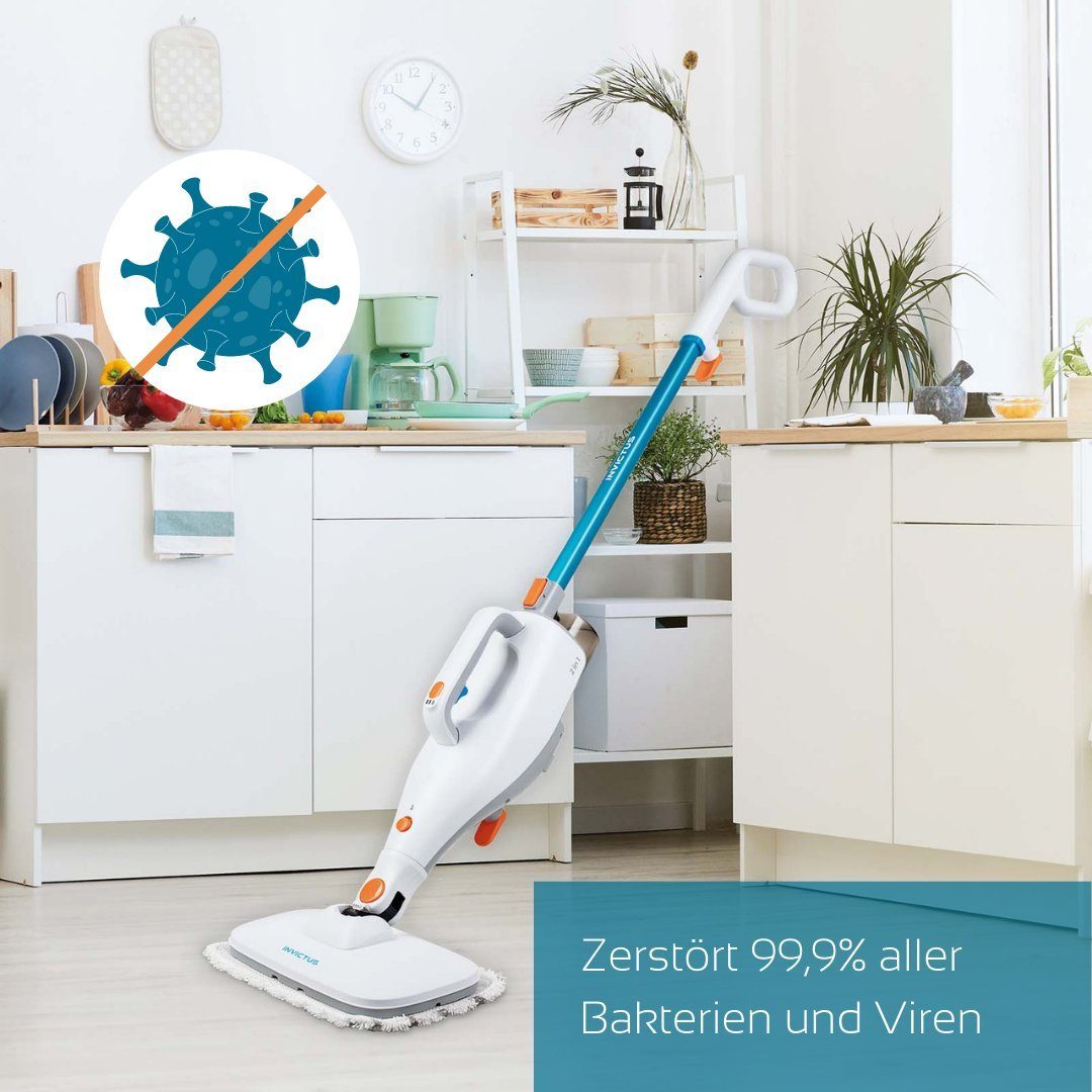 Genius Dampfreiniger INVICTUS Hand- und Bodendampfreiniger Set 7-tlg., 1400,00 W, 5m Kabel, Hartböden, Fliesen, Teppiche, 2 Dampfstufen
