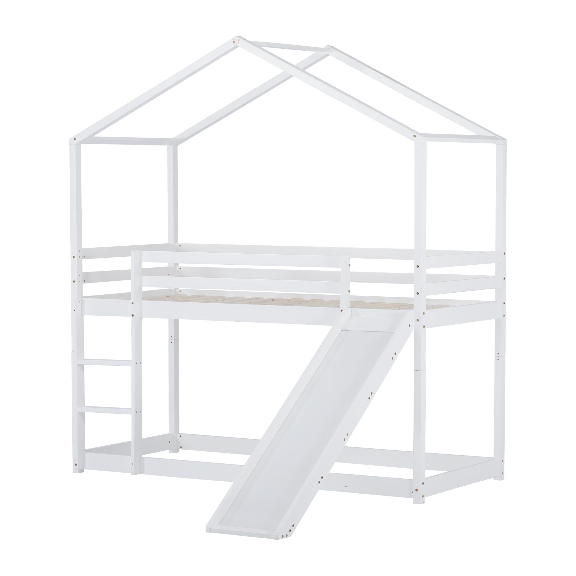 Etagenbett (Kinderbett Hausbett 90x200 cm), Hochbett mit Lattenrost, Rutsche, Rausfallschutz und Leiter, Kiefer