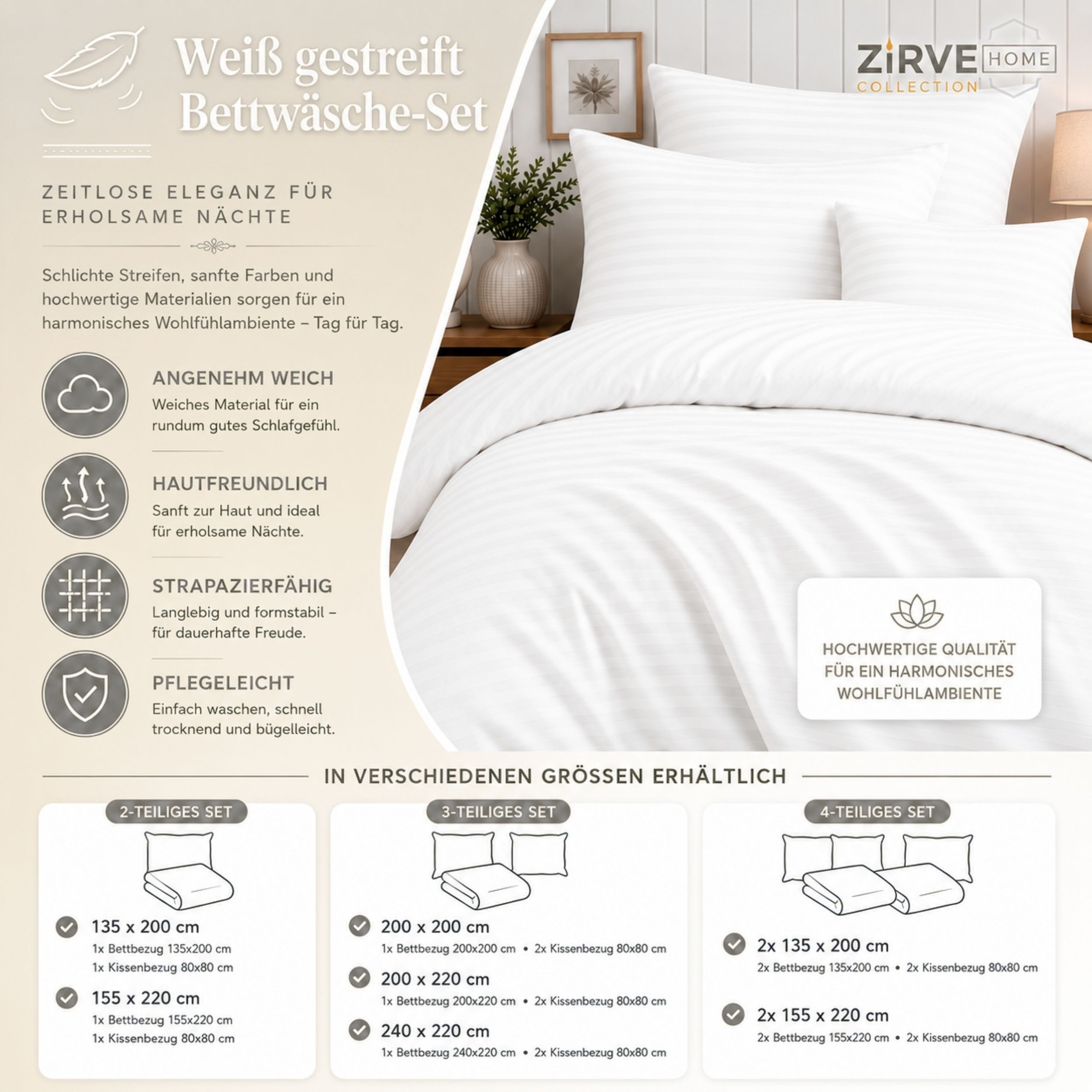 ZIRVEHOME Bettwäsche Baumwolle Bettbezug Streifenmuster– Ganzjahres-Bettwäsche-Sets Damast, Renforce, 2 teilig, 135x200 Bettbezug Baumwolle Pflegeleichte Ganzja – Bild 5 von 5