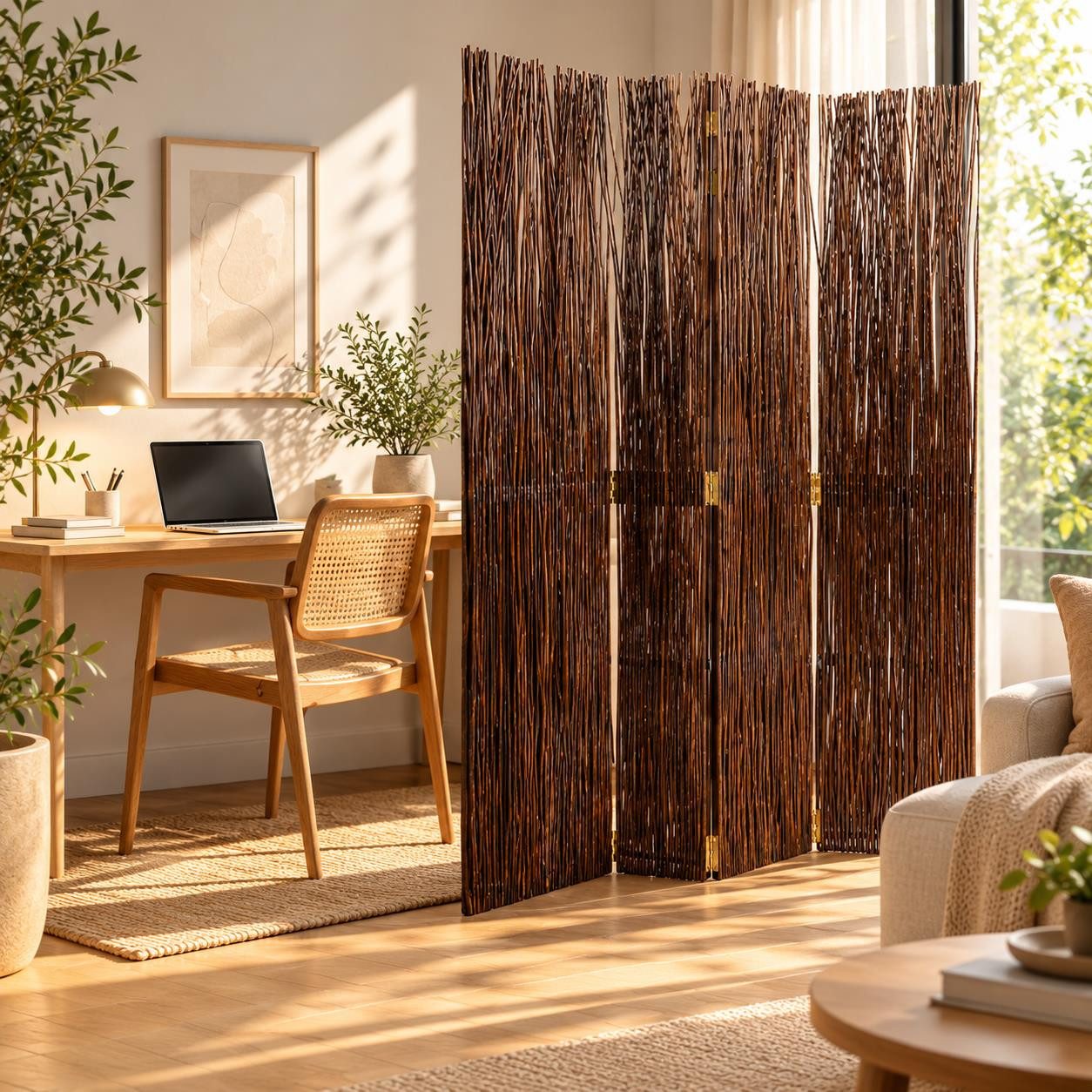 Homestyle4u Paravent Raumteiler Indoor Holz Weide Trennwand Sichtschutz Natur faltbar (3-teilig), Braun