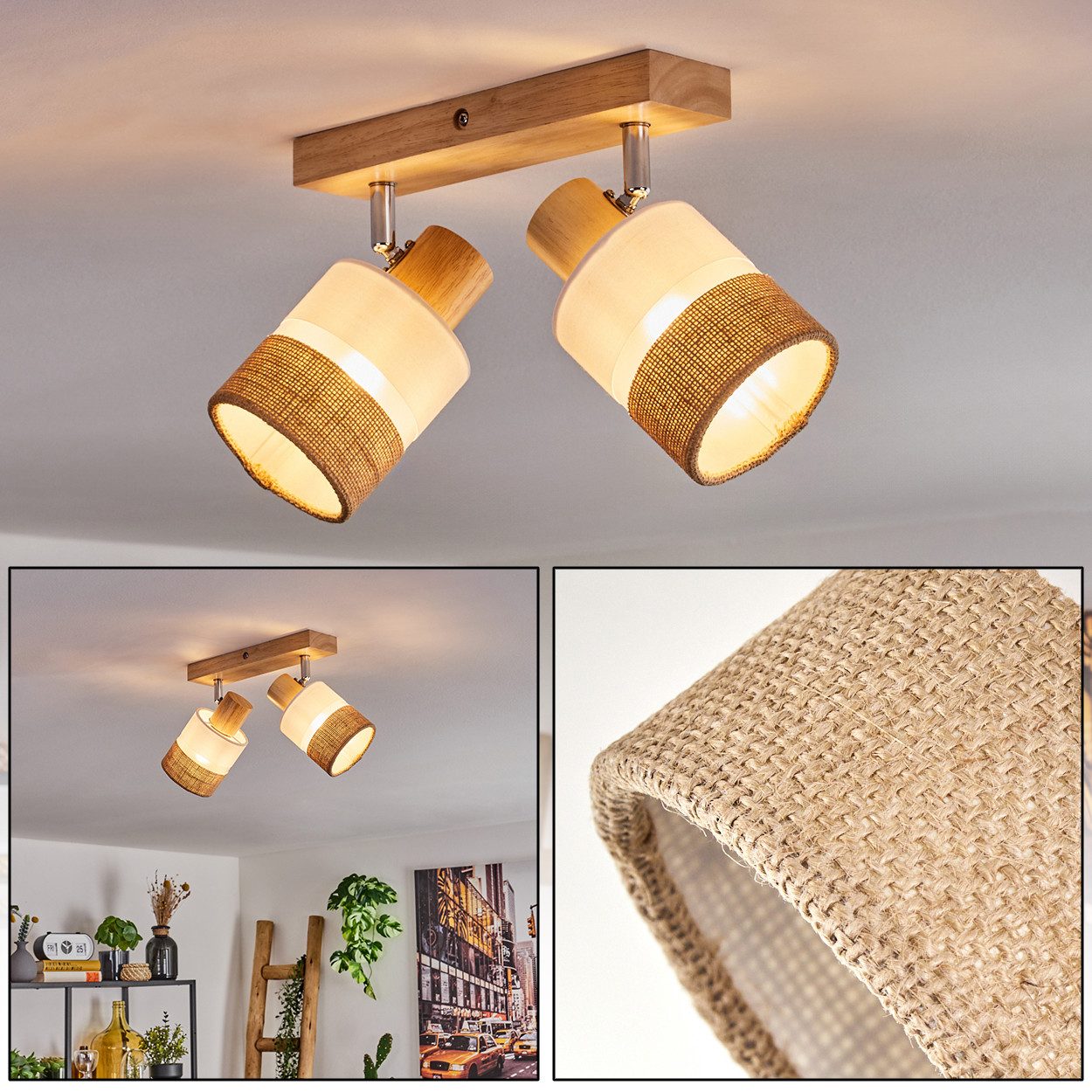 hofstein Deckenleuchte moderne Deckenlampe aus Holz/Metall/Leinen in Naturfarben/Chromfarben, ohne Leuchtmittel, mit verstellbaren Strahlern, 2 x E14, ohne Leuchtmittel