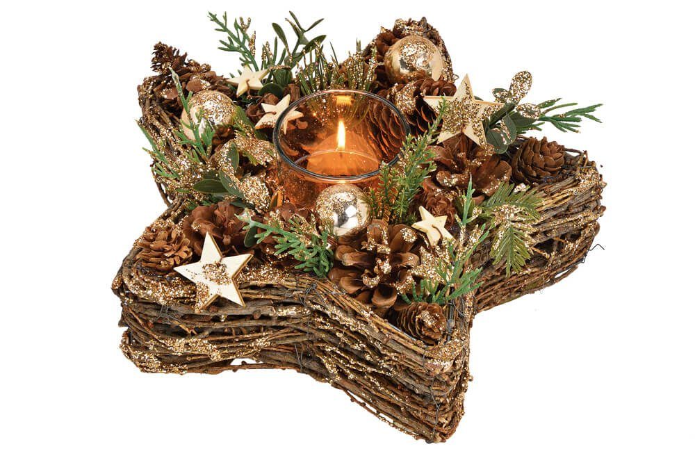 Adventsgesteck HOME Kerzenhalter 26 cm mit Kugeln Zapfen Teelichtglas Stern matches21 & & HOBBY