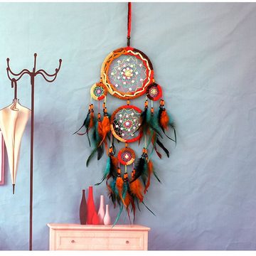 FIDDY Wanddekoobjekt Farbige Federn Fünf-Ring-Traumfänger Netz Warme, Innenraumdekoration Bettnetz Windspiel Anhänger Geschenk Wandbehang