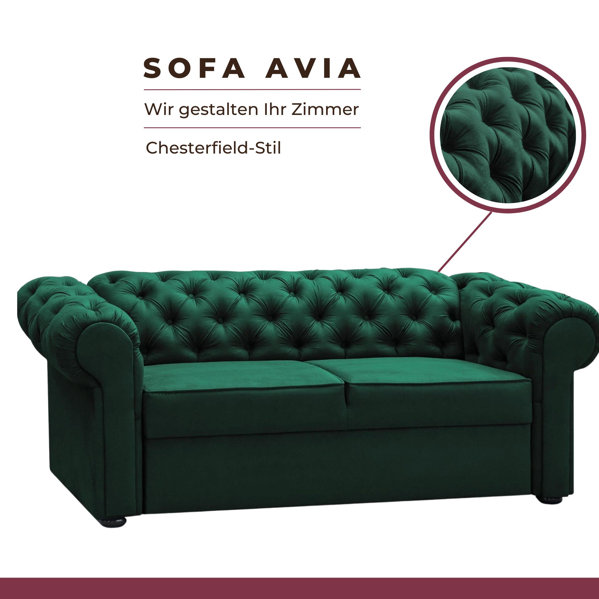 MOEBLO 2-Sitzer Sofa AVIA, Chesterfield Couch Polstermöbel Sitzmöbel Wohnzimmermöbel 2-Sitzer-Sofa Stoffsofa, BxHxT:202x82x92 cm