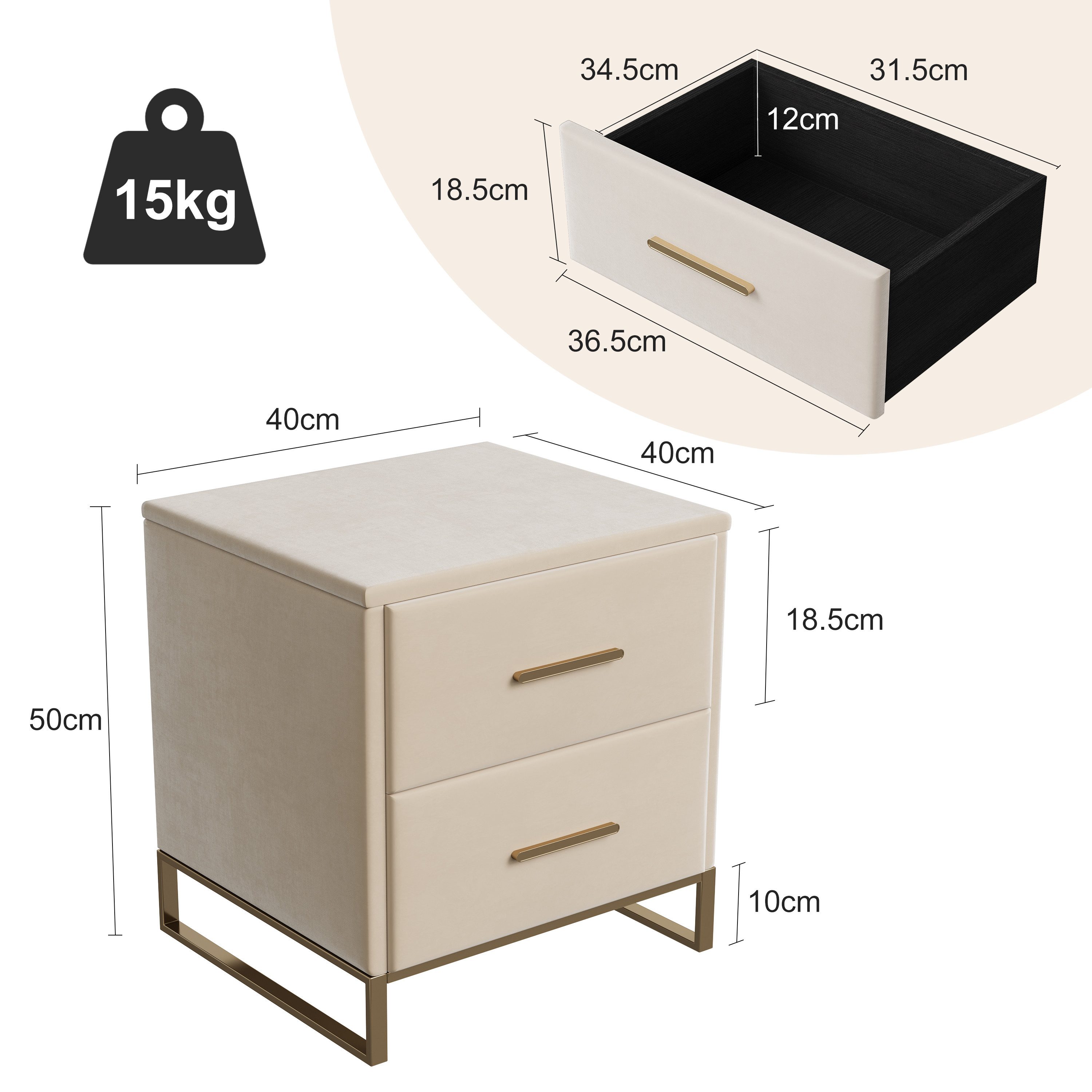 FUROKOY Nachttisch 2er set Nachtschrank mit Schubladen, Beistelltisch mit Metallbeine (Sofatisch Beistelltisch mit 2 Schubladen, Beige Samt), Schubladenschrank  – Bild 5 von 5