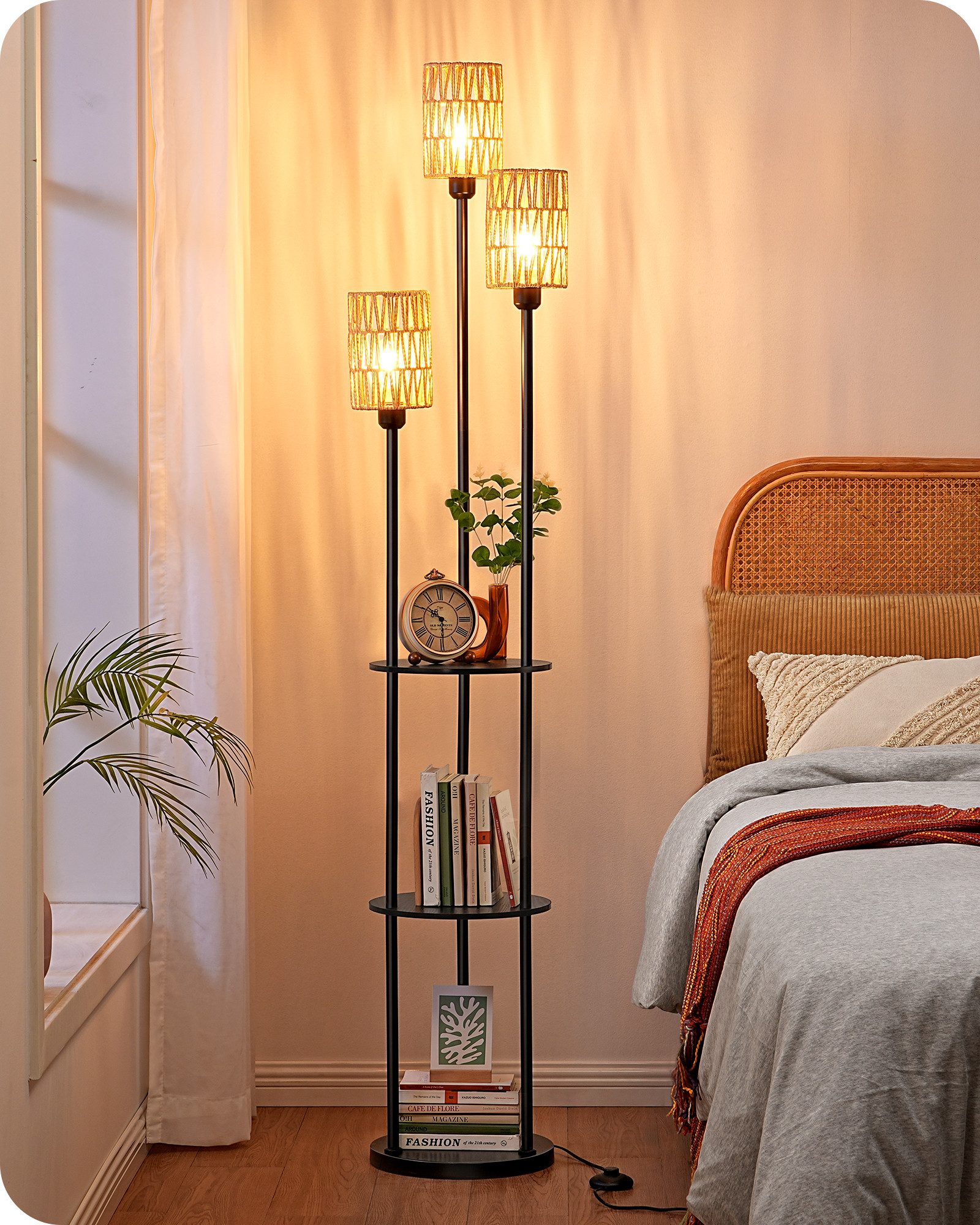 EDISHINE Stehlampe Wohnzimmer, LED wechselbar, warmweiß, Boho Stehlampe mit Ablage, 3-flammige Standleuchte