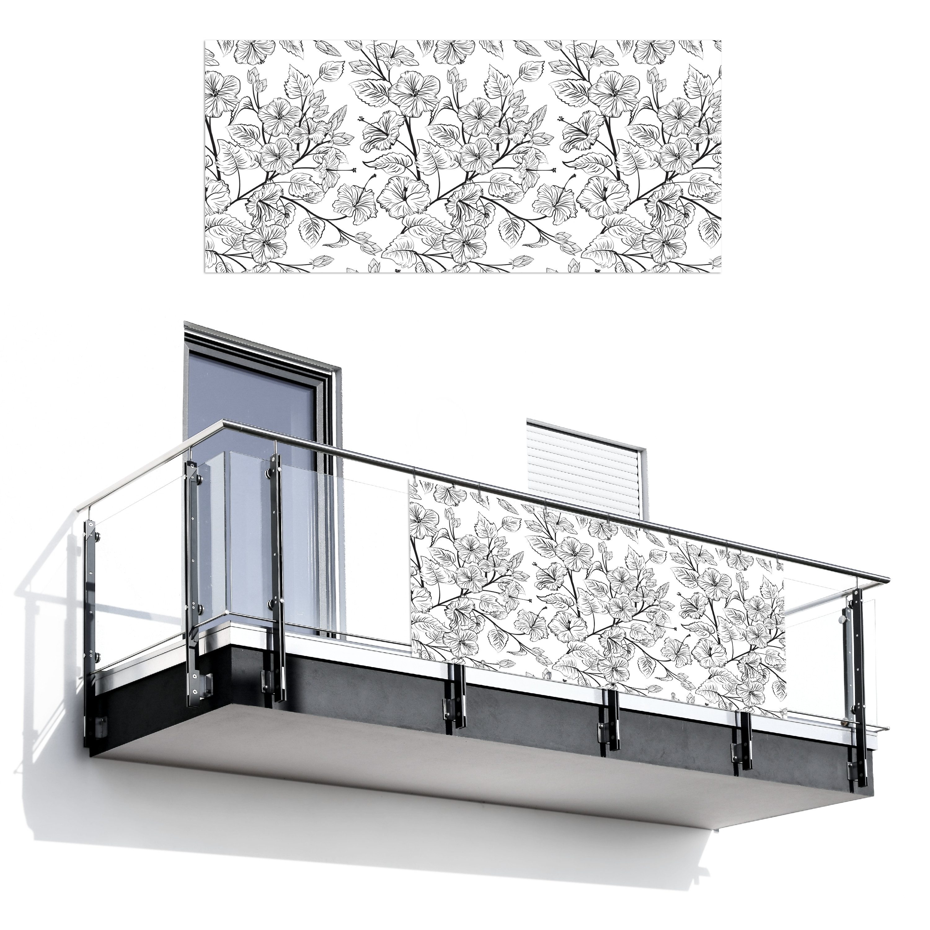 MuchoWow Balkonsichtschutz Blumen - Grau - Schwarz - Weiß - Blätter (1-St) Balkon Sichtschutz 90x200, Windschutz für Zaun PVC, 200x90 cm