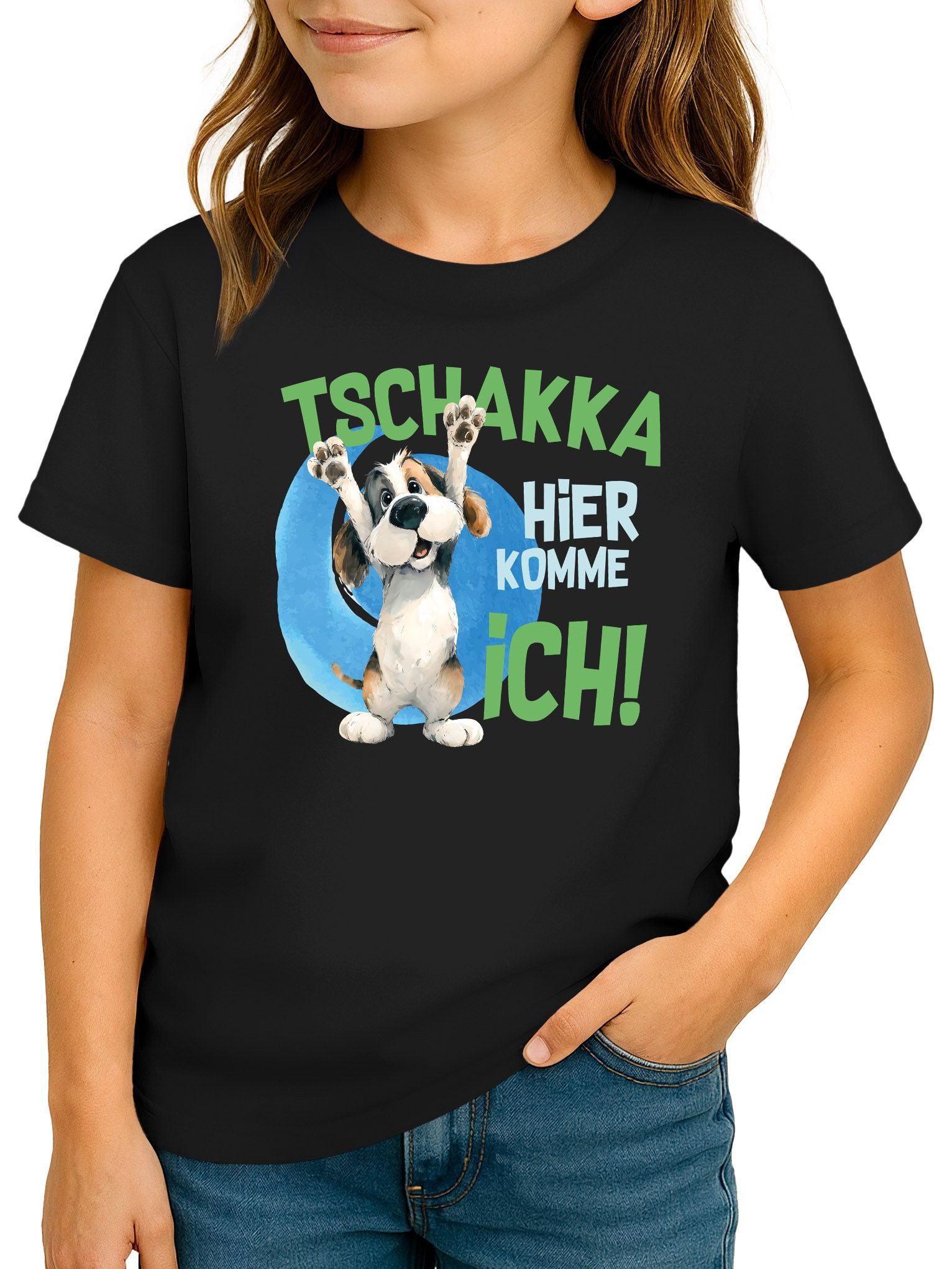 Print-Shirt Kinder T-Shirt Mädchen Aufdruck Hund Spruch lustig Tschakka hier