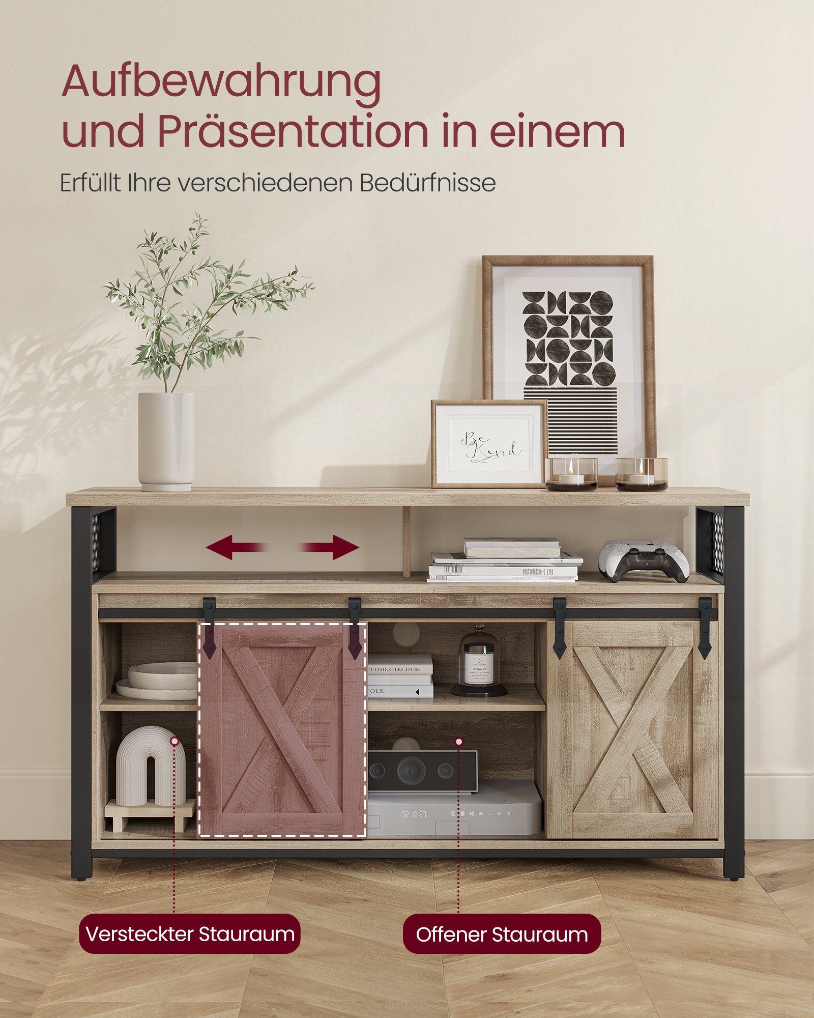 VASAGLE Lowboard TV-Schrank Lange 135 cm, für Fernseher bis zu 60 Zoll Eichenbraun-Schwarz