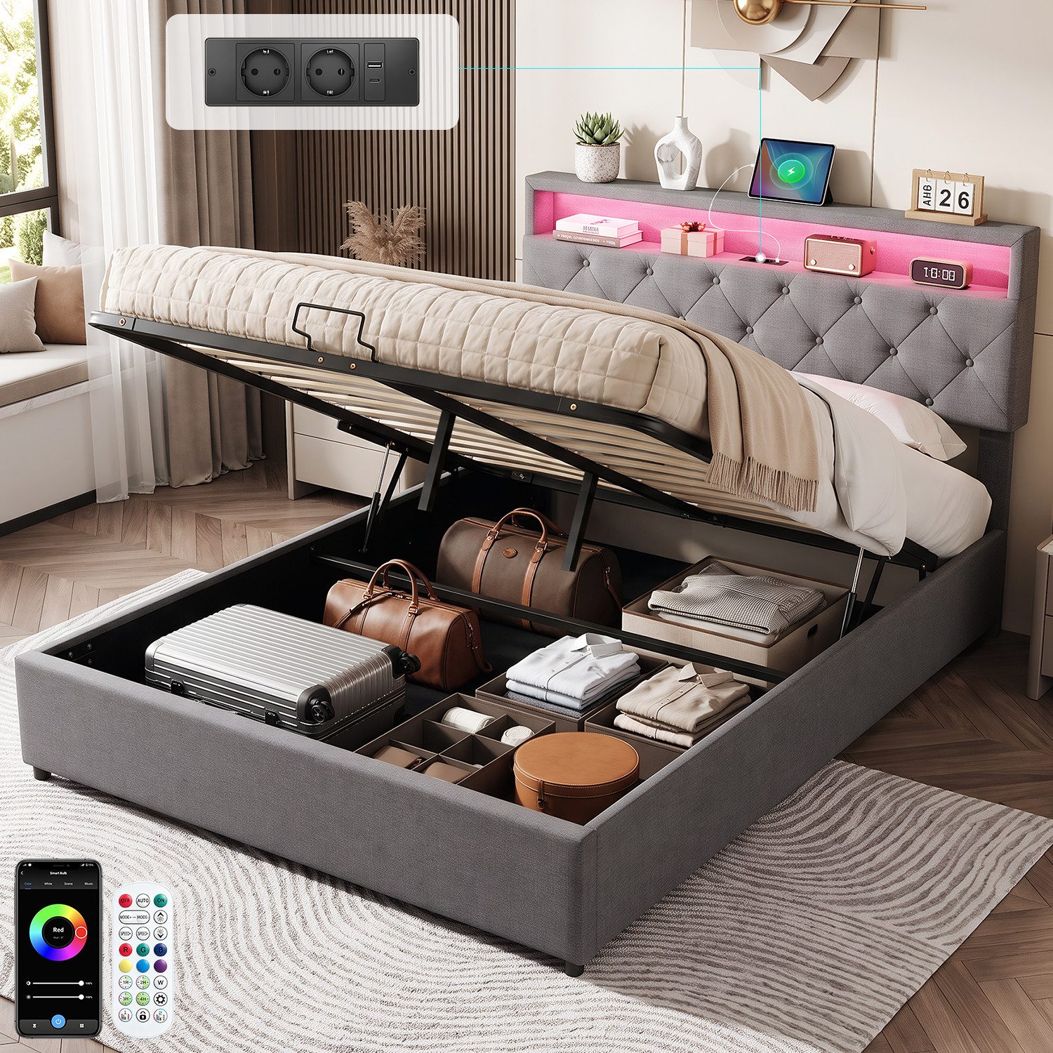 oyajia Stauraumbett LED hydraulisches Doppelbett (Leinenmaterial Polsterbett mit mit Lattenrost und Ladefunktion), Typ-C, USB-A, 2 Steckdosen,mit RGB Beleuchtung