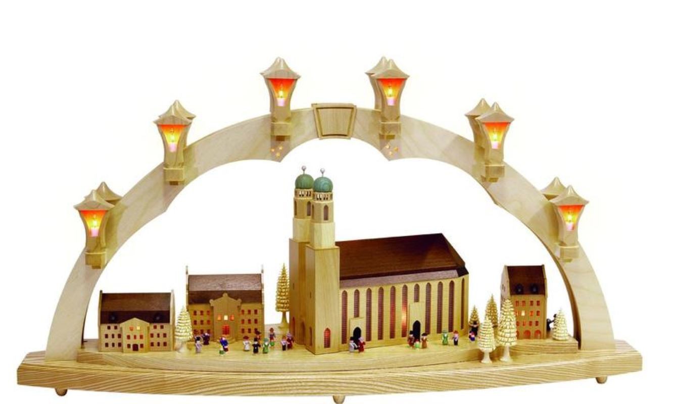 Richard Glaesser Schwibbogen Lichterbogen Münchner Frauenkirche, elektrisch beleuchtet, Handwerkskunst aus dem Erzgebirge