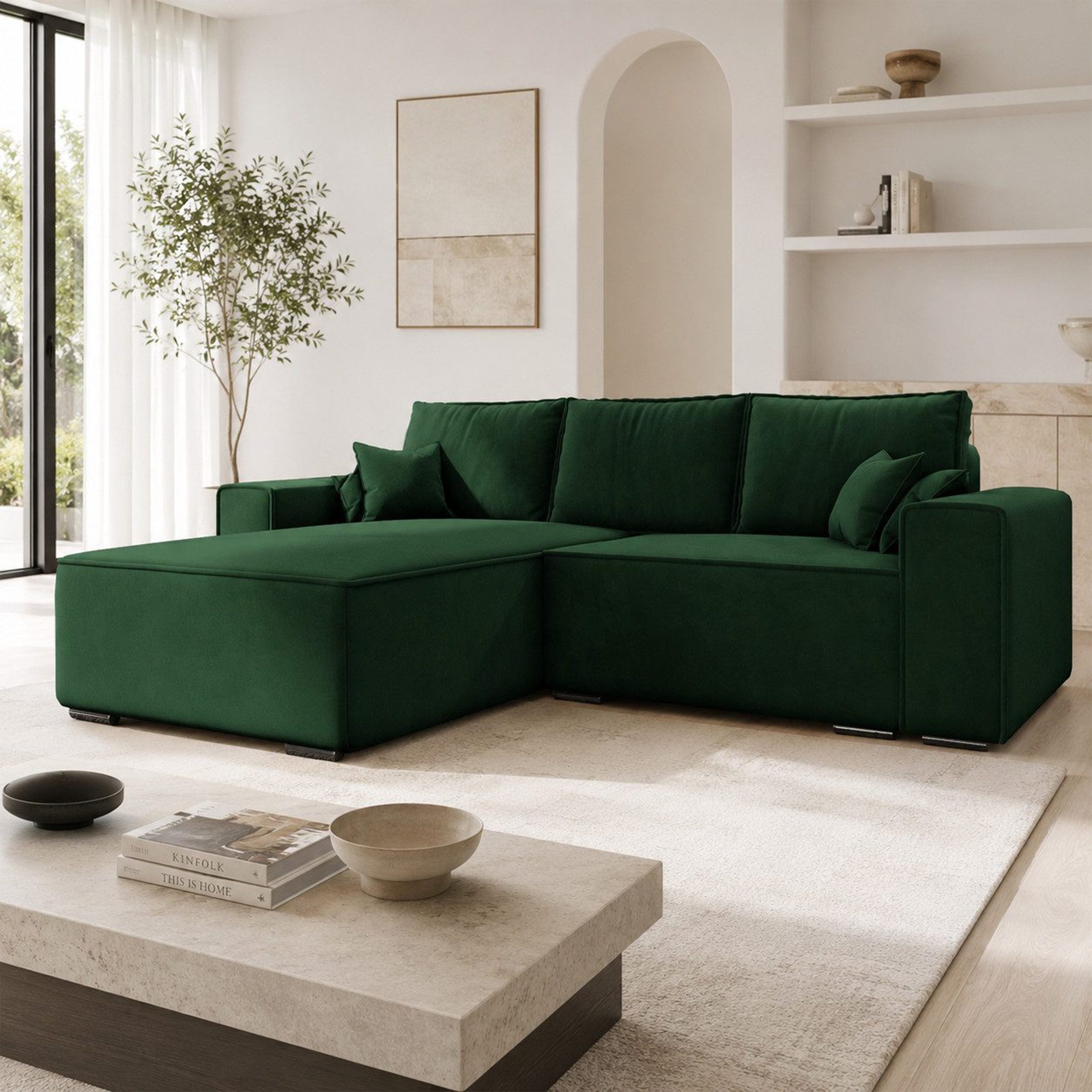 Goldstoff Ecksofa Oslo mit Schlaffunktion, L-Form mit Bettkasten und Federkern, Eckcouch, Chrombeine,Schlaffunktion,Federkern