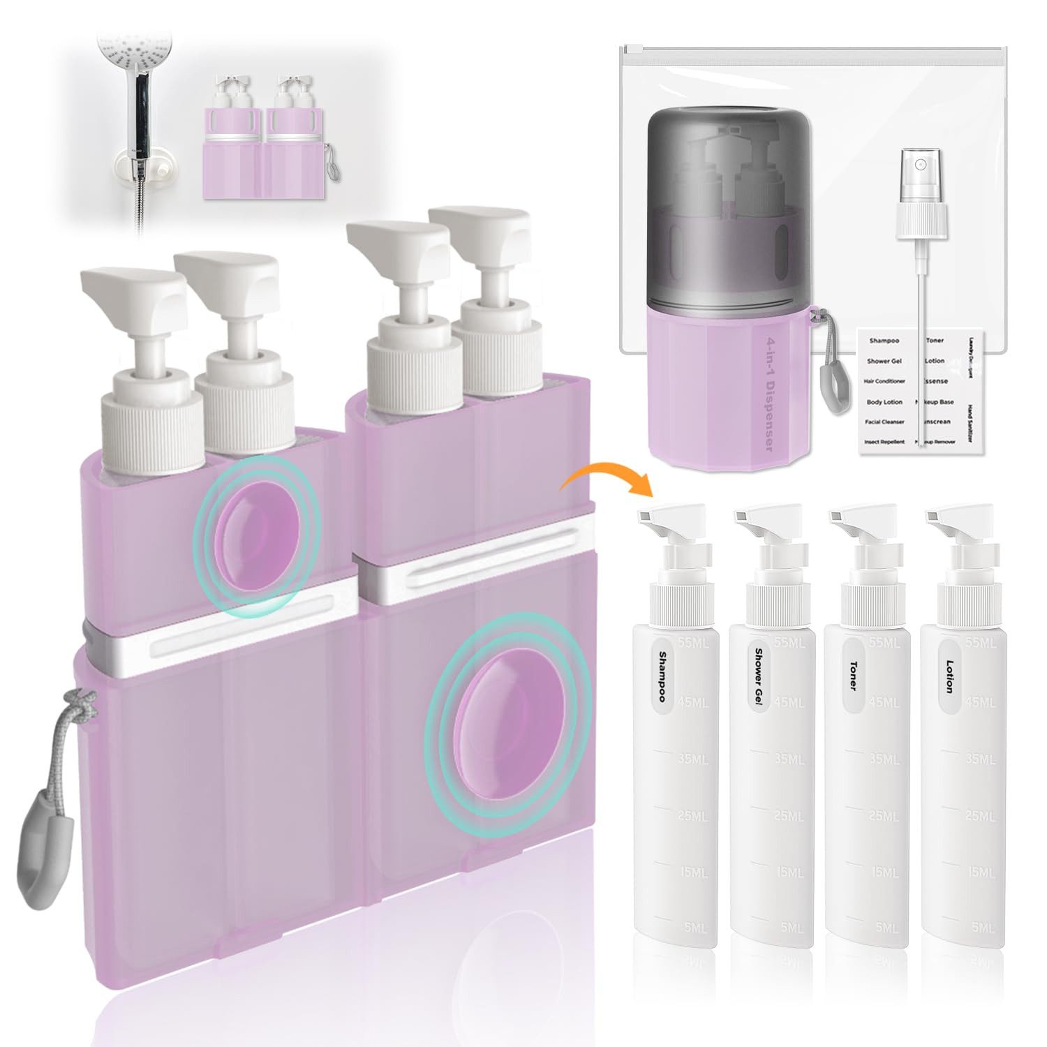 Diwzbyn Reisebehälter 4-in-1-Reisespender, Reiseflasche für Pflegeprodukte, 4 x 55 ml auslaufsichere Reiseflaschen mit Saugnäpfen