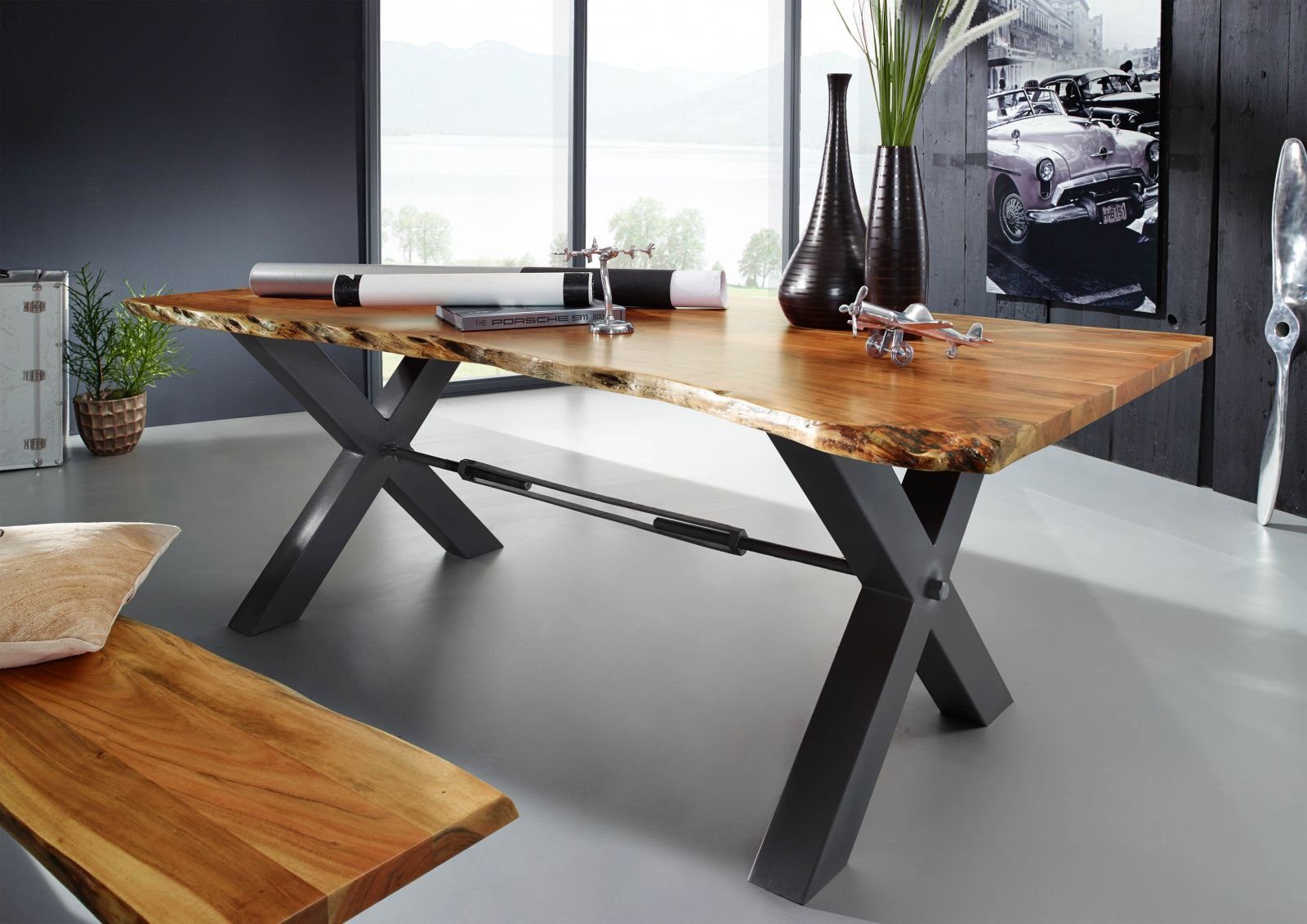 Massivmoebel24 Esstisch Esstisch Akazie 180x100x76 natur lackiert IRON LABEL #125