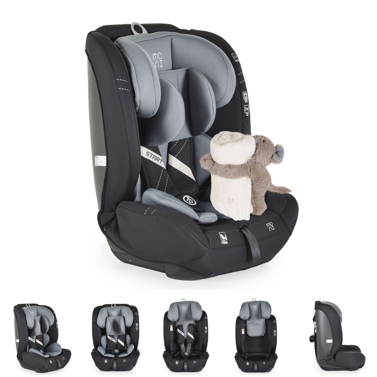 Moni Autokindersitz Kindersitz i-Size Start, ab: 1.25, bis: 12, (76-150cm) Kopfstütze verstellbar, Kuscheltier