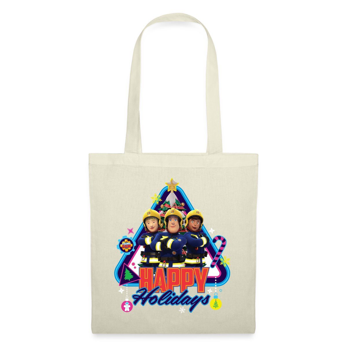 Spreadshirt Henkeltasche Feuerwehrmann Sam™ Happy Holidays From The Team Stoffbeutel (1-tlg)