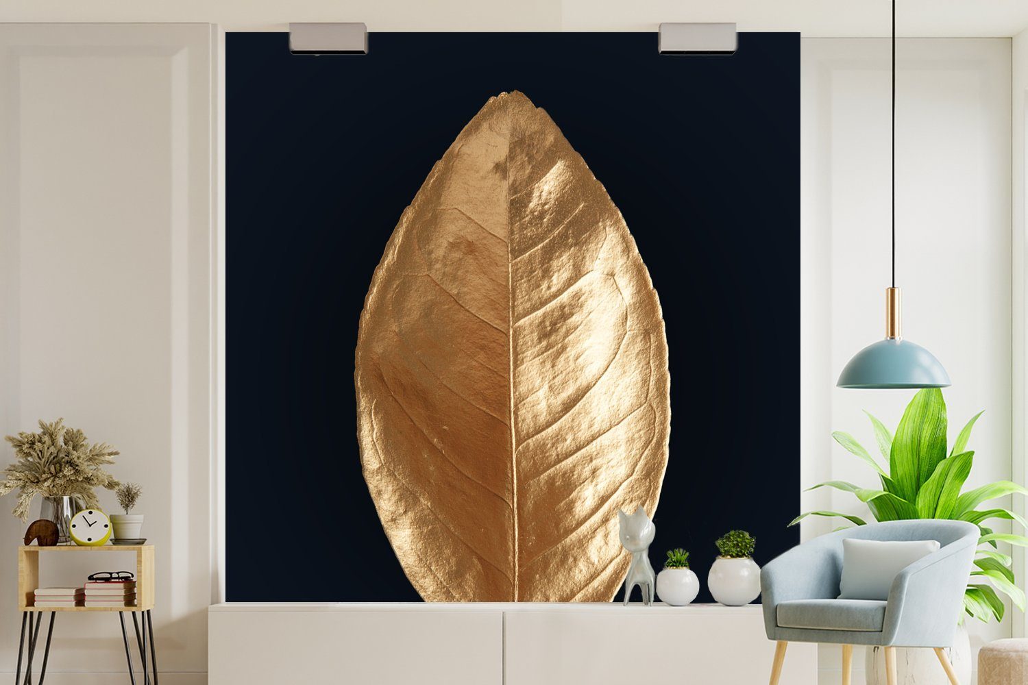 (5 oder - Wohnzimmer für Tapete Gold, Luxus Matt, Fototapete St), Vinyl Wandtapete - MuchoWow Schlafzimmer, Blätter bedruckt,