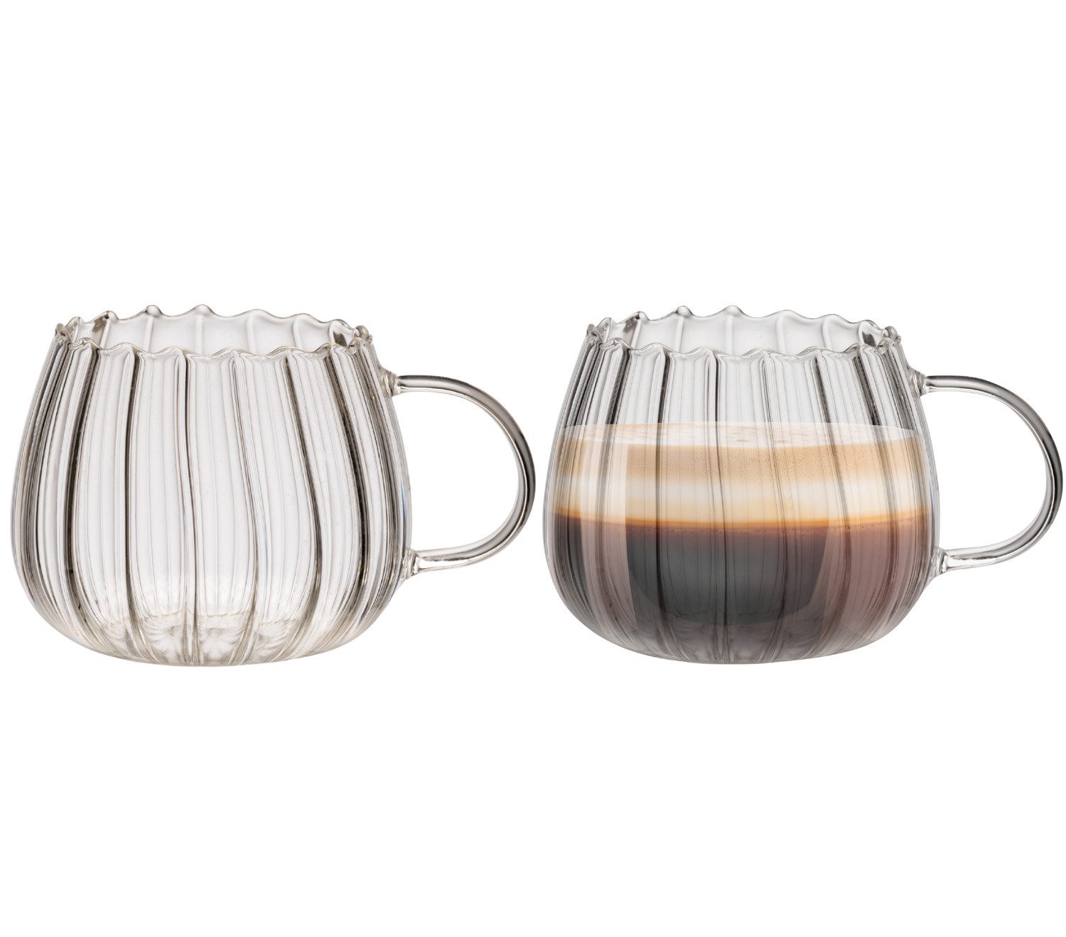 Zoha Glas Riffle Cup 400ml für Kalt- & Heißgetränke, Spülmaschinenfest, Stilvoll, 12-tlg., Borosilikatglas, hitzebeständiges Tassen Set für Kaffee, Matcha, Latte Macchiato, 12 St