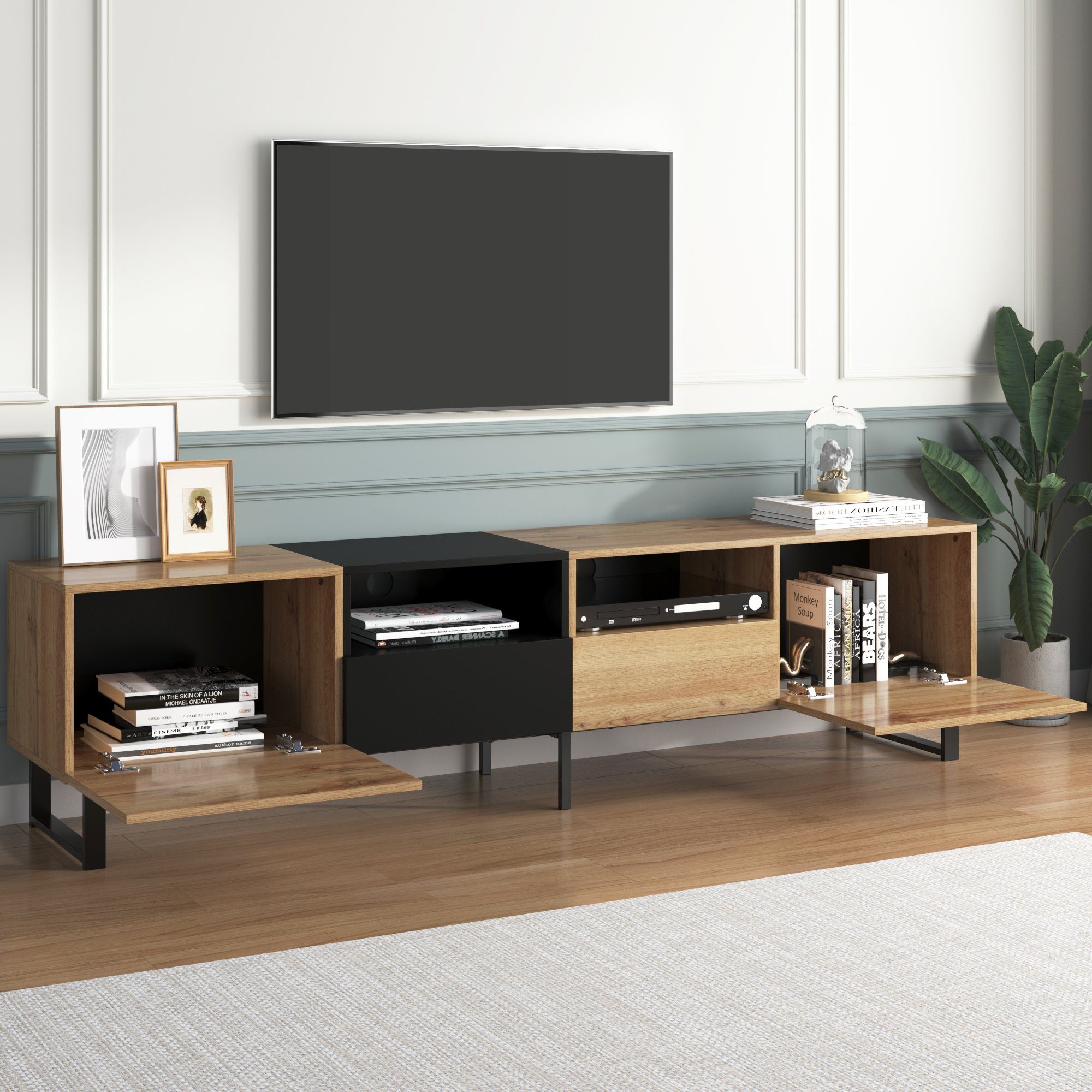 OKWISH TV-Schrank Moderner TV-Ständer (190 cm x 38 cm x 48 cm, mit schwarzem und holzfarbenem Design) geräumiger Stauraum, robuste Konstruktion