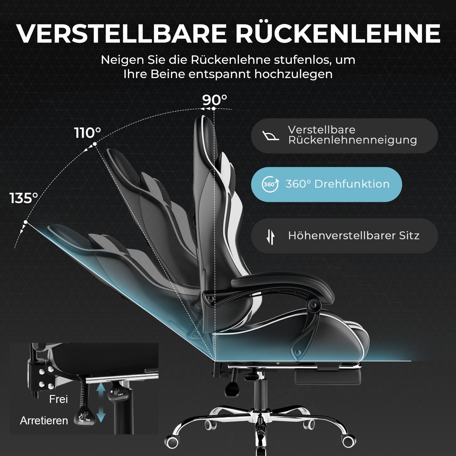 LUCKRACER Gaming-Stuhl Bürostuhl mit Massagefunktion, Fußstütze, Kopfstütze, Ergonomischer Gamer Stuhl Maximale Belastung 150 kg, 360° drehbar – Bild 2 von 5