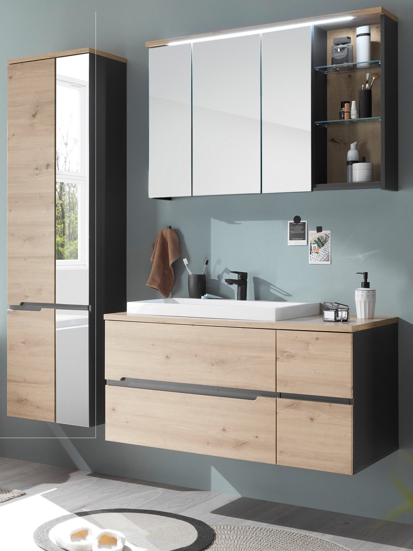 PREISBRECHER Badezimmer-Set Memphis, (Hängeschrank), (3-tlg) Grau / Artisan Eiche Dekor - 180x176x53 (BxHxT)