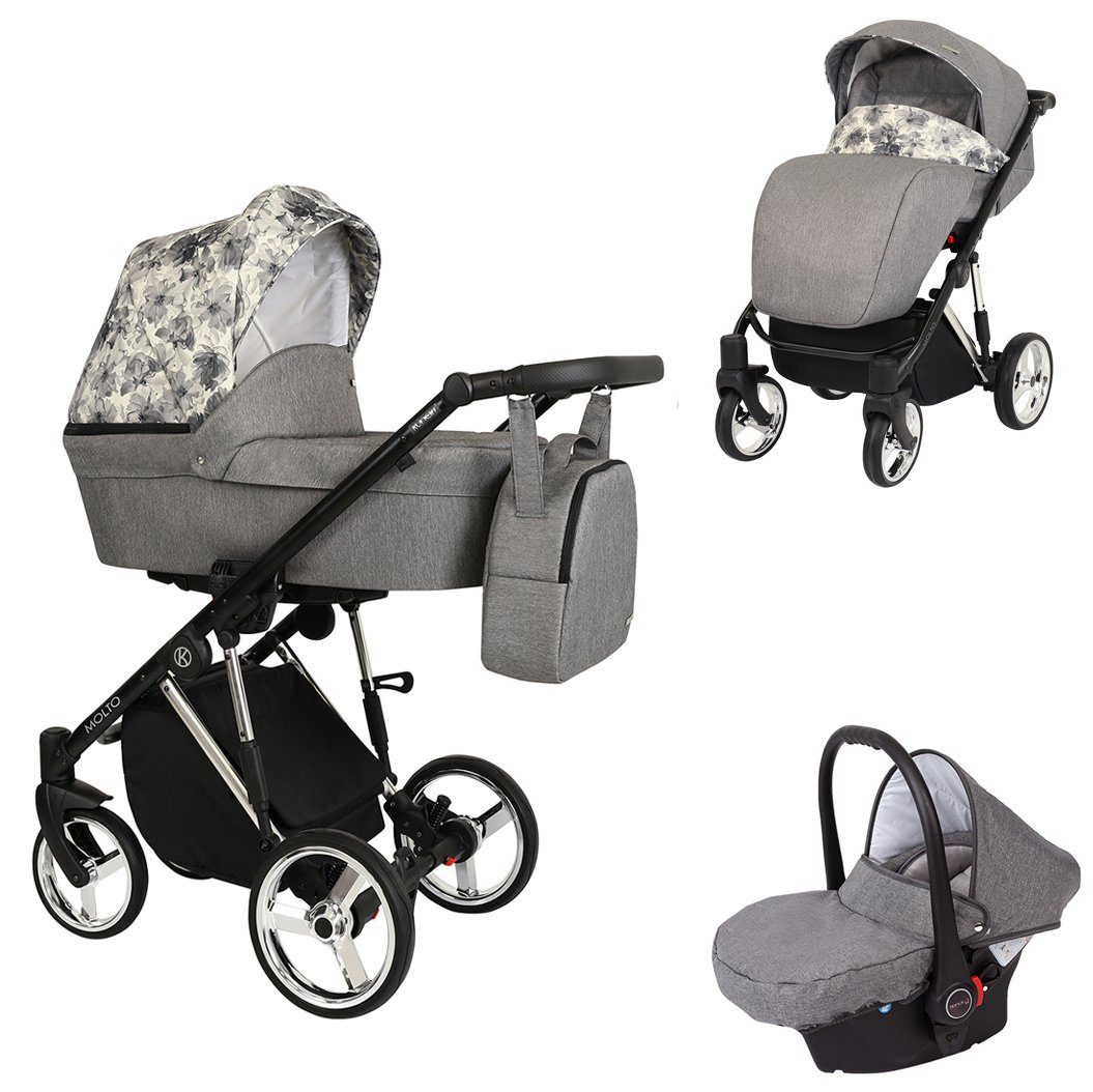 babies-on-wheels Kombi-Kinderwagen Molto Edition 3 in 1 inkl. Autositz -13 Teile- von Geburt bis 4 Jahre Grau-Dekor = Gestell verchromt