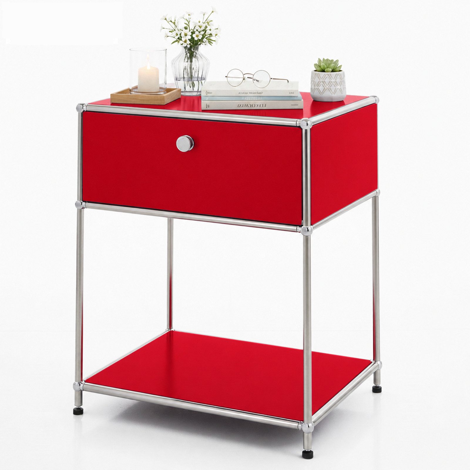 Floordirekt Beistelltisch Concept Epure MK-139, B50 × T40 × H65 cm, verschließbare Schublade (modular, kratzfeste Pulverbeschichtung), Beistellregal mit verchromtem Metallgestell, höhenverstellbare Füße