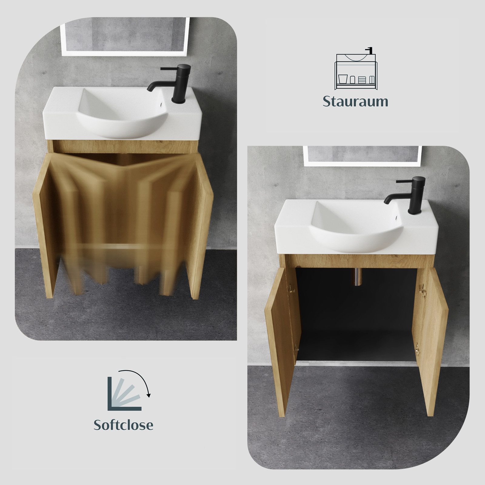 Alpenberger Badmöbel-Set Gäste WC Waschbecken mit Unterschrank klein hängend 55 cm Breit, (Waschtisch mit Unterschrank hängend, Gäste WC Möbel in Eiche Natur),  – Bild 4 von 5