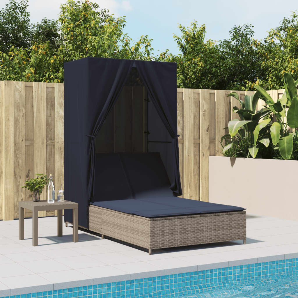 vidaXL Gartenliege Doppel-Sonnenliege mit Dach und Vorhängen Grau Poly Rattan, 1 St.