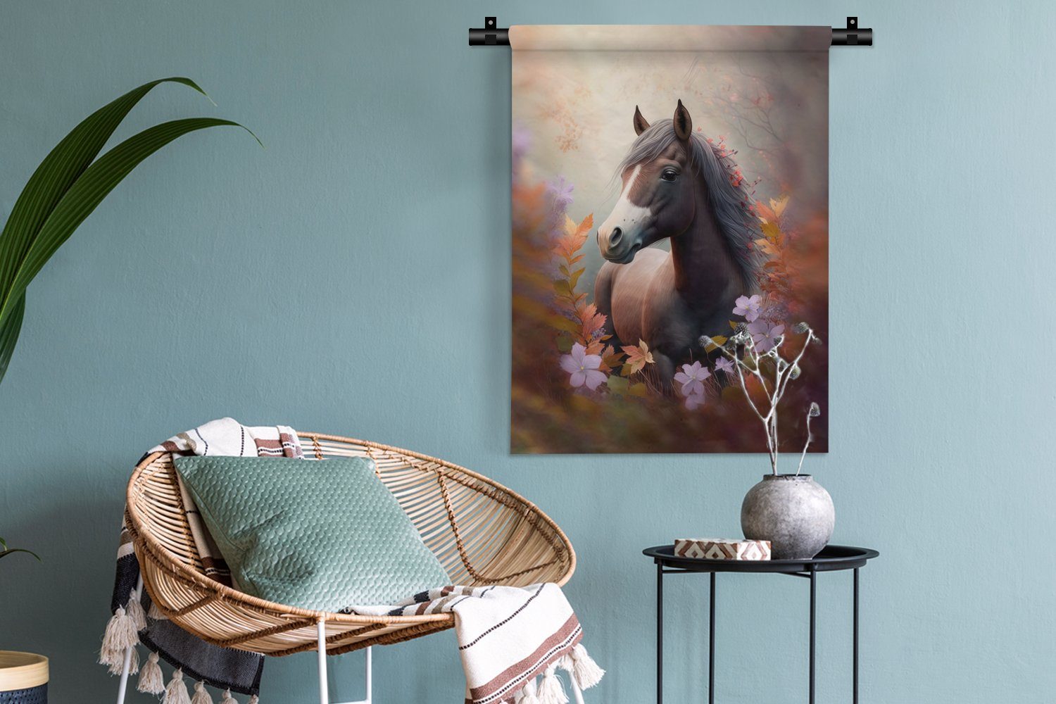 Wand, der an Deko - - Wohnzimmer, - Tapisserie, Schlafzimmer Lila Wanddekoobjekt Pferd - Blumen MuchoWow Tiere, Natur für
