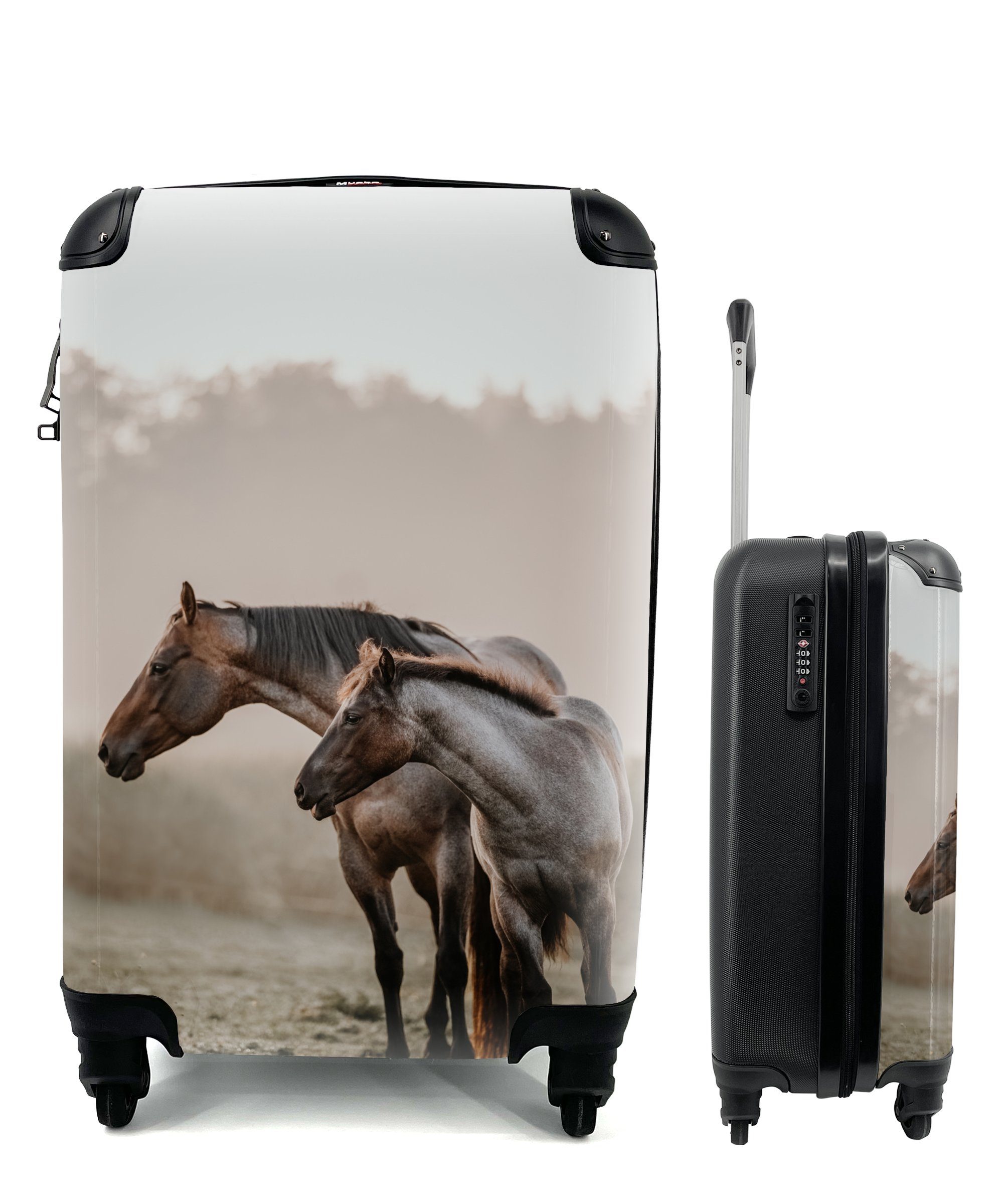MuchoWow Handgepäckkoffer Pferde - Nebel - Wiese, 4 Rollen, Reisetasche mit rollen, Handgepäck für Ferien, Trolley, Reisekoffer