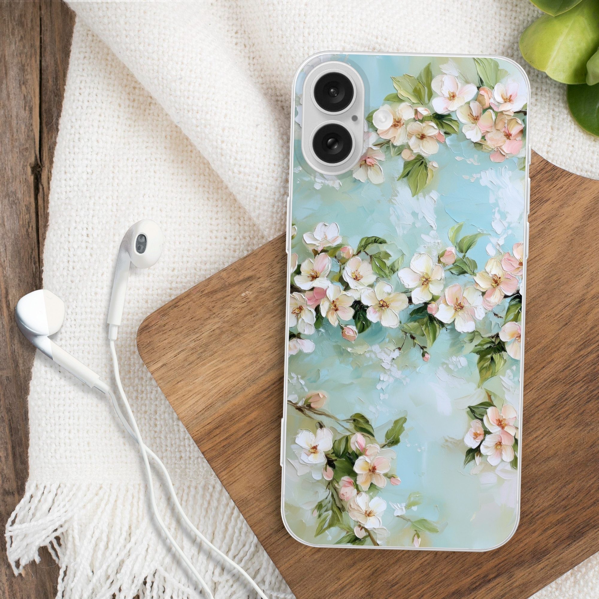 MuchoWow Handyhülle für Apple iPhone 16 Plus Blüte - Blätter - Hellblau, Smartphone-Bumper, Print, Handy Schutzhülle Dünn