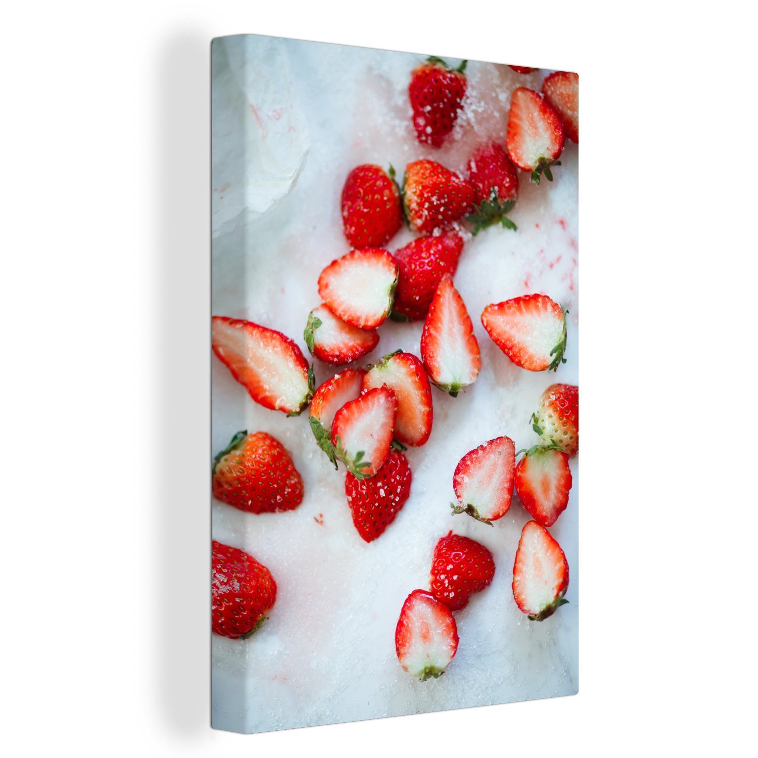 OneMillionCanvasses® Leinwandbild Erdbeere - Obst - Marmor, (1 St), Leinwandbild fertig bespannt inkl. Zackenaufhänger, Gemälde, 20x30 cm
