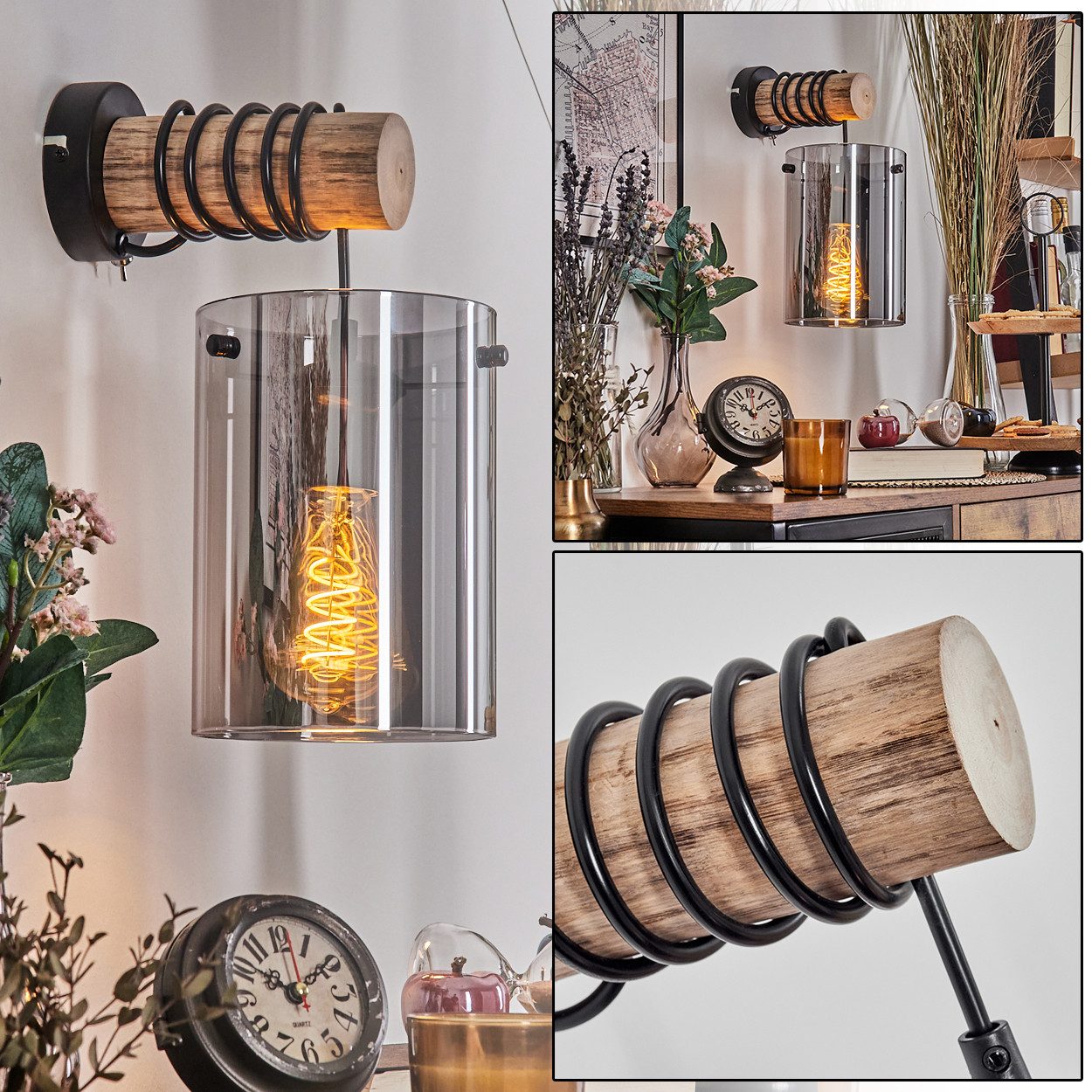 hofstein Wandleuchte Wandlampe aus Metall/Holz/Glas in Schwarz/Natur/Chrom/Rauch, ohne Leuchtmittel, moderne Retro-Design Leuchte, Glasschirm(15 cm) u. Schalter, 1 x E27
