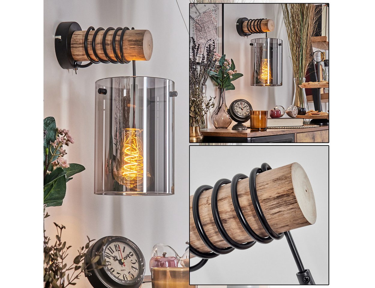 hofstein Wandleuchte Wandlampe aus Metall/Holz/Glas in Schwarz/Natur/Chrom/Rauch, ohne Leuchtmittel, moderne Retro-Design Leuchte, Glasschirm(15 cm) u. Schalter, 1 x E27