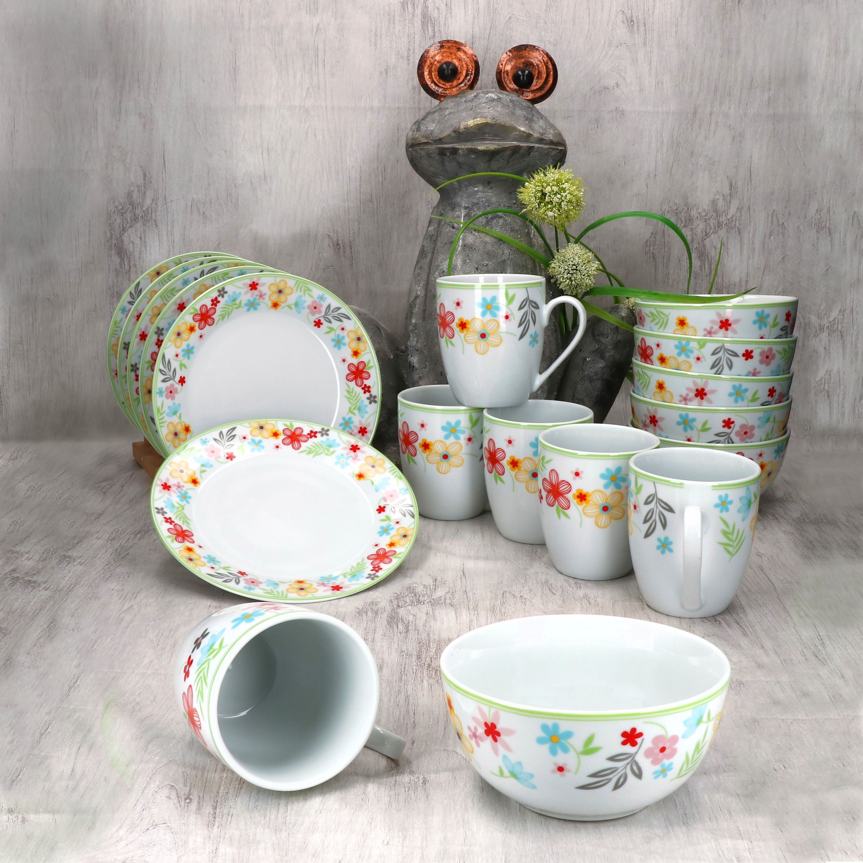 MamboCat Frühstücks-Geschirrset 18tlg Frühstücksset Variant Blümchen Porzellan 6 Personen, Porzellan