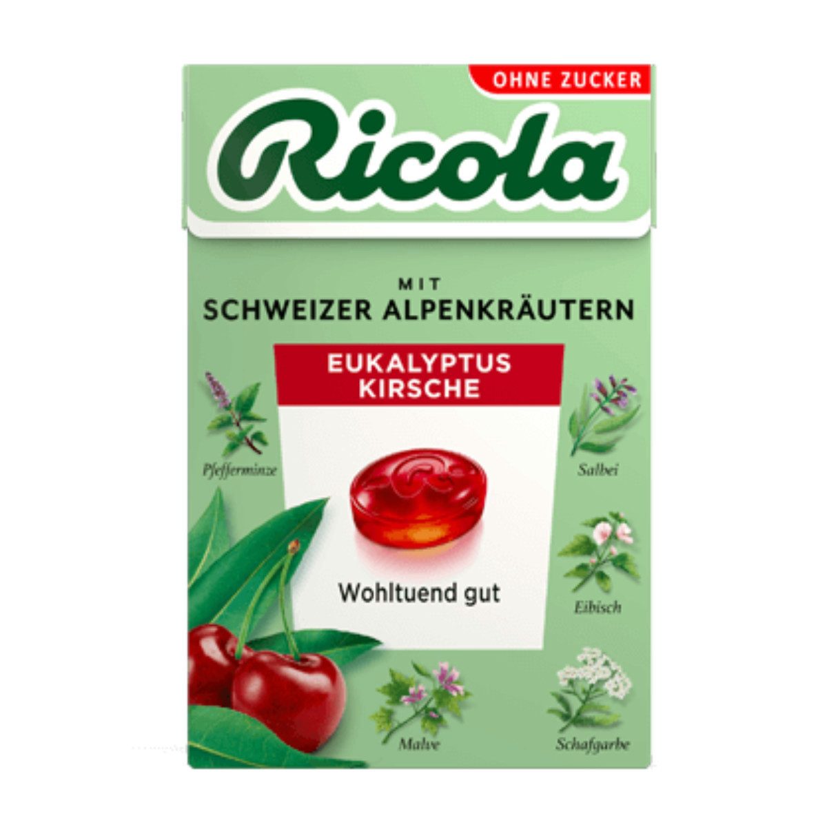 RICOLA Süßigkeit, Ricola Eukalyptus Kirsche mit Schweizer Alpenkräutern ohne Zucker 50g