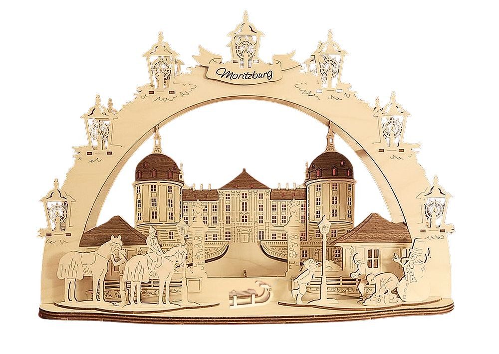 DeColibri LED Schwibbogen 3D LED Schwibbogen Dresden Schloss Moritzburg -Holzkunst- m. Netzkabel, Holzkunst aus Sachsen, beleuchtet