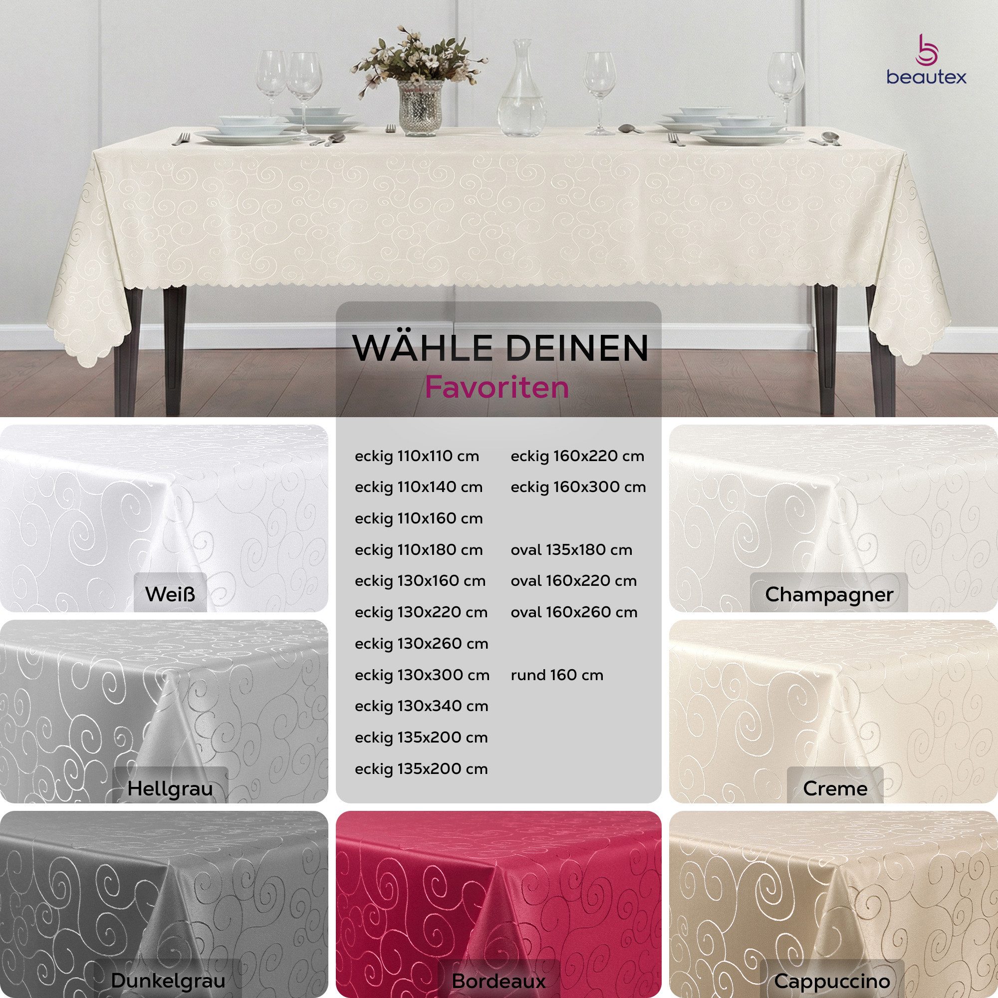 Beautex Tischdecke Damast Ornamente bügelfrei fleckenabweisend pflegeleichte Tischwäsche (1-tlg), Lotuseffekt, Formstabil, Strapazierfähig, Eleganter Glanz, Kni – Bild 5 von 5