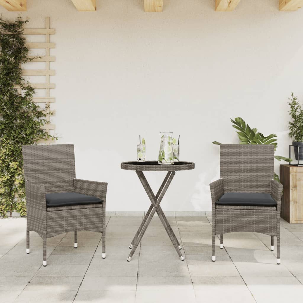 vidaXL Gartenlounge-Set 3-tlg. Bistro-Set mit Kissen Grau Poly Rattan und Glas, (1-tlg)