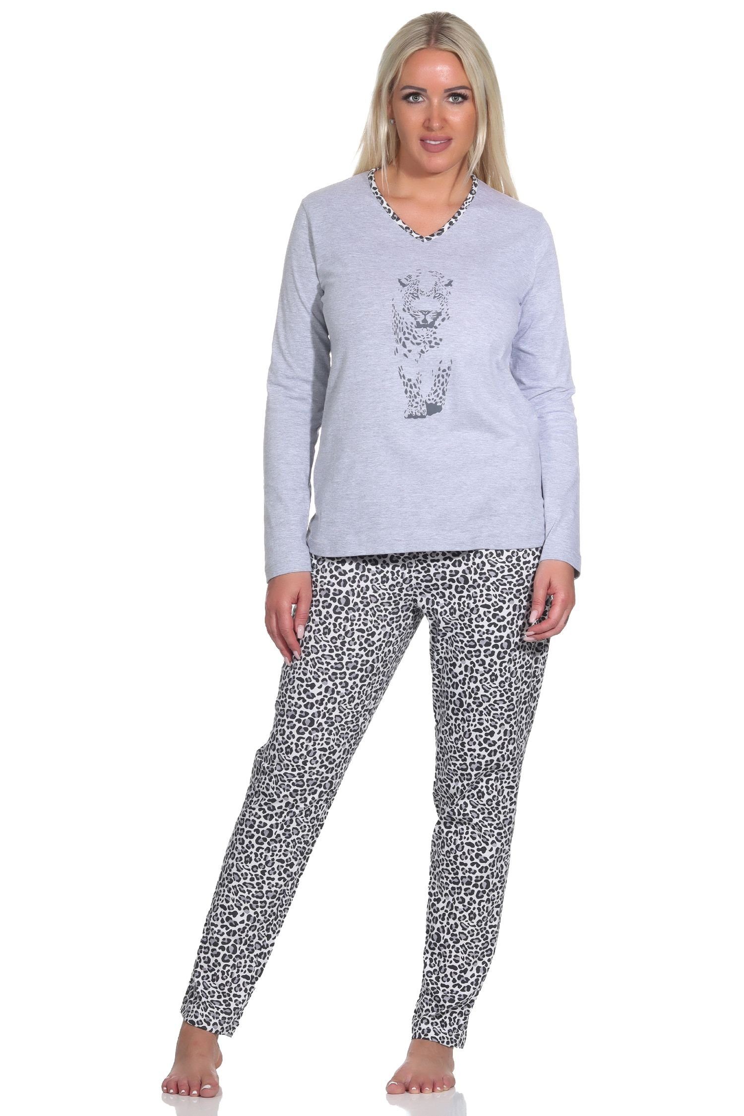 Damen Tiermotiv, Animal-Print-Look Hose Langarm grau-mel. Schlafanzug Pyjama im mit Normann